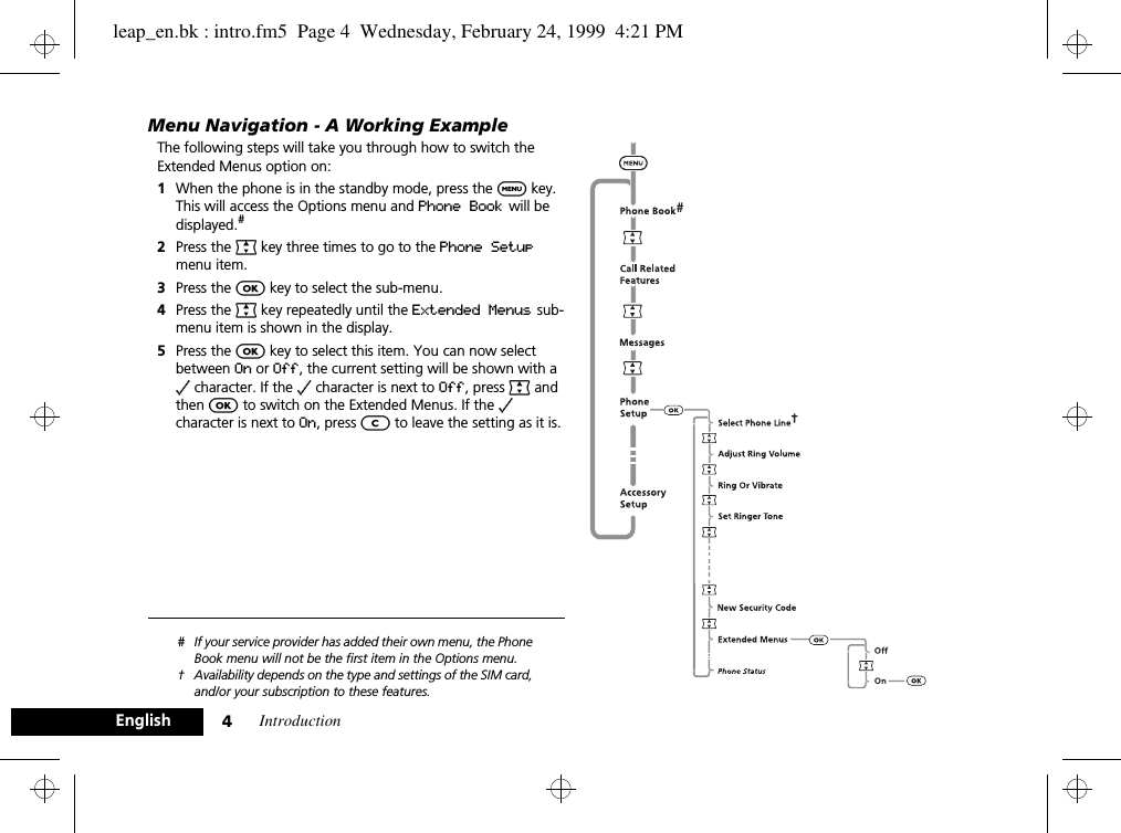 Introduction4EnglishMenu Navigation - A Working ExampleThe following steps will take you through how to switch the Extended Menus option on:1When the phone is in the standby mode, press the $ key. This will access the Options menu and Phone Book will be displayed.#2Press the ª key three times to go to the Phone Setup menu item.3Press the O key to select the sub-menu.4Press the ª key repeatedly until the Extended Menus sub-menu item is shown in the display.5Press the O key to select this item. You can now select between On or Off, the current setting will be shown with a z character. If the z character is next to Off, press ª and then O to switch on the Extended Menus. If the z character is next to On, press C to leave the setting as it is.# If your service provider has added their own menu, the Phone Book menu will not be the first item in the Options menu.† Availability depends on the type and settings of the SIM card, and/or your subscription to these features.leap_en.bk : intro.fm5  Page 4  Wednesday, February 24, 1999  4:21 PM