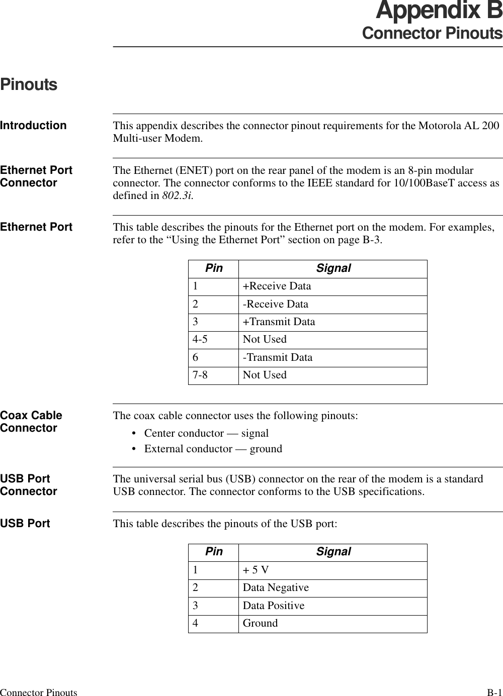 Connector Pinouts  B-1Appendix BConnector PinoutsPinoutsIntroduction This appendix describes the connector pinout requirements for the Motorola AL 200 Multi-user Modem.Ethernet Port Connector The Ethernet (ENET) port on the rear panel of the modem is an 8-pin modular connector. The connector conforms to the IEEE standard for 10/100BaseT access as defined in 802.3i. Ethernet Port  This table describes the pinouts for the Ethernet port on the modem. For examples, refer to the “Using the Ethernet Port” section on page B-3.Coax Cable Connector The coax cable connector uses the following pinouts:• Center conductor — signal• External conductor — groundUSB Port Connector The universal serial bus (USB) connector on the rear of the modem is a standard USB connector. The connector conforms to the USB specifications.USB Port  This table describes the pinouts of the USB port: Pin Signal1 +Receive Data2 -Receive Data3 +Transmit Data4-5 Not Used6 -Transmit Data7-8 Not UsedPin Signal1+ 5 V2 Data Negative3 Data Positive4Ground