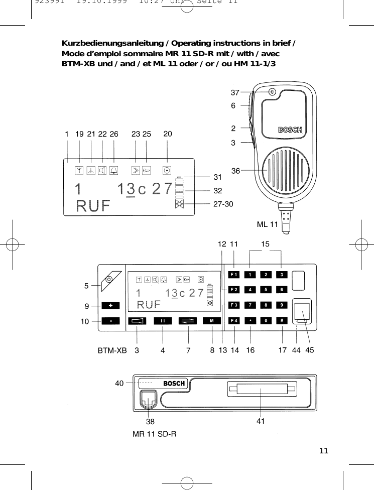 11Kurzbedienungsanleitung / Operating instructions in brief /Mode d&rsquo;emploi sommaire MR 11 SD-R mit / with / avec BTM-XB und / and / et ML 11 oder / or / ou HM 11-1/3923991  19.10.1999  10:27 Uhr  Seite 11