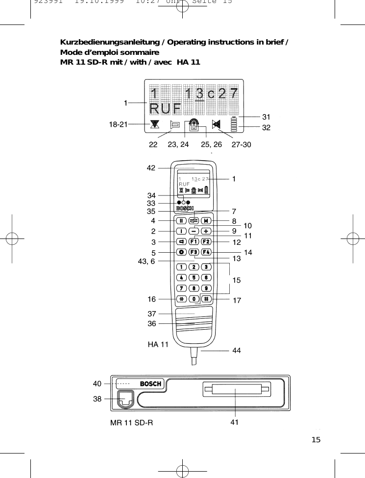 15Kurzbedienungsanleitung / Operating instructions in brief /Mode d&rsquo;emploi sommaire MR 11 SD-R mit / with / avec  HA 11923991  19.10.1999  10:27 Uhr  Seite 15