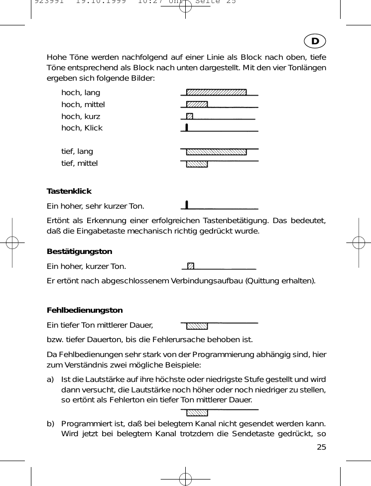 Hohe T&ouml;ne werden nachfolgend auf einer Linie als Block nach oben, tiefeT&ouml;ne entsprechend als Block nach unten dargestellt. Mit den vier Tonl&auml;ngenergeben sich folgende Bilder:hoch, langhoch, mittelhoch, kurzhoch, Klicktief, langtief, mittelTastenklickEin hoher, sehr kurzer Ton.Ert&ouml;nt als Erkennung einer erfolgreichen Tastenbet&auml;tigung. Das bedeutet,da&szlig; die Eingabetaste mechanisch richtig gedr&uuml;ckt wurde.Best&auml;tigungstonEin hoher, kurzer Ton.Er ert&ouml;nt nach abgeschlossenem Verbindungsaufbau (Quittung erhalten).FehlbedienungstonEin tiefer Ton mittlerer Dauer,bzw. tiefer Dauerton, bis die Fehlerursache behoben ist.Da Fehlbedienungen sehr stark von der Programmierung abh&auml;ngig sind, hierzum Verst&auml;ndnis zwei m&ouml;gliche Beispiele:a) Ist die Lautst&auml;rke auf ihre h&ouml;chste oder niedrigste Stufe gestellt und wirddann versucht, die Lautst&auml;rke noch h&ouml;her oder noch niedriger zu stellen,so ert&ouml;nt als Fehlerton ein tiefer Ton mittlerer Dauer.b) Programmiert ist, da&szlig; bei belegtem Kanal nicht gesendet werden kann.Wird jetzt bei belegtem Kanal trotzdem die Sendetaste gedr&uuml;ckt, so25D923991  19.10.1999  10:27 Uhr  Seite 25