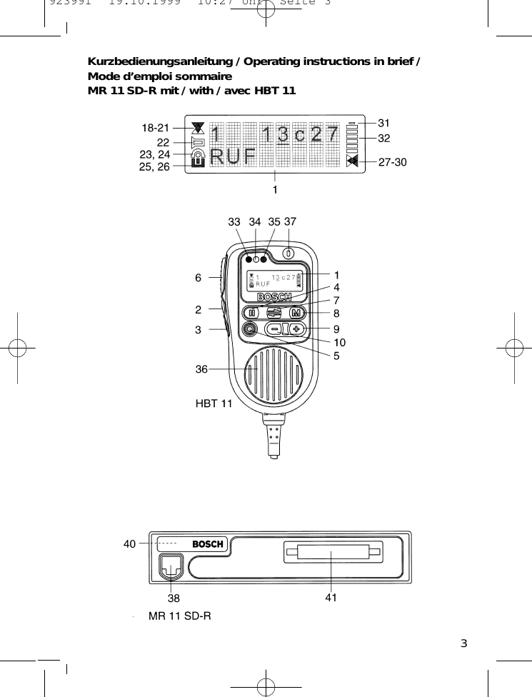 3Kurzbedienungsanleitung / Operating instructions in brief /Mode d&rsquo;emploi sommaireMR 11 SD-R mit / with / avec HBT 11923991  19.10.1999  10:27 Uhr  Seite 3