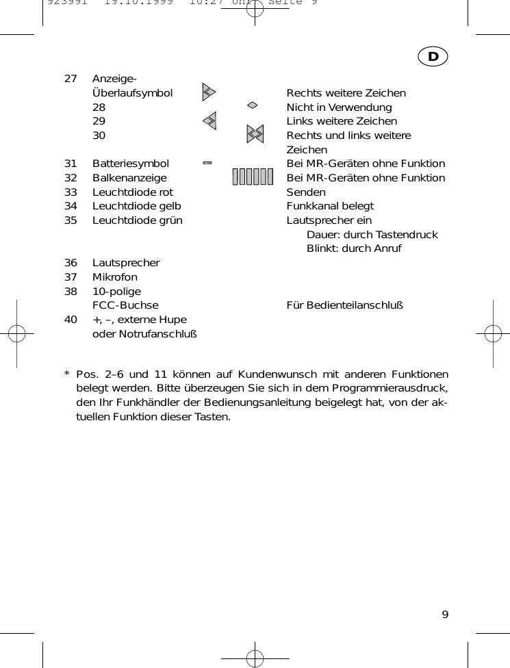27 Anzeige-&Uuml;berlaufsymbol Rechts weitere Zeichen28 Nicht in Verwendung29 Links weitere Zeichen30 Rechts und links weitere Zeichen31 Batteriesymbol Bei MR-Ger&auml;ten ohne Funktion32 Balkenanzeige Bei MR-Ger&auml;ten ohne Funktion33 Leuchtdiode rot Senden34 Leuchtdiode gelb Funkkanal belegt35 Leuchtdiode gr&uuml;n Lautsprecher einDauer: durch TastendruckBlinkt: durch Anruf36 Lautsprecher37 Mikrofon38 10-polige FCC-Buchse F&uuml;r Bedienteilanschlu&szlig;40 +, &ndash;, externe Hupeoder Notrufanschlu&szlig;* Pos. 2&ndash;6 und 11 k&ouml;nnen auf Kundenwunsch mit anderen Funktionenbelegt werden. Bitte &uuml;berzeugen Sie sich in dem Programmierausdruck,den Ihr Funkh&auml;ndler der Bedienungsanleitung beigelegt hat, von der ak-tuellen Funktion dieser Tasten.9D923991  19.10.1999  10:27 Uhr  Seite 9