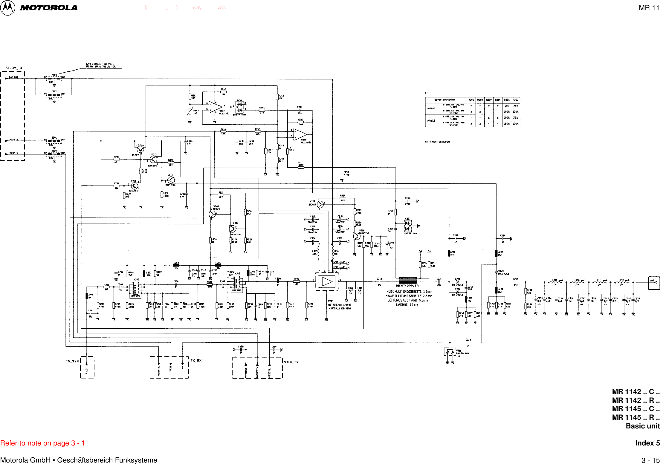 Motorola GmbH &bull; Gesch&auml;ftsbereich Funksysteme.. - 1 << >>IRefer to note on page 3 - 1MR 1142 .. C ..MR 1142 .. R ..MR 1145 .. C ..MR 1145 .. R ..Basic unitIndex 53 - 15MR 11