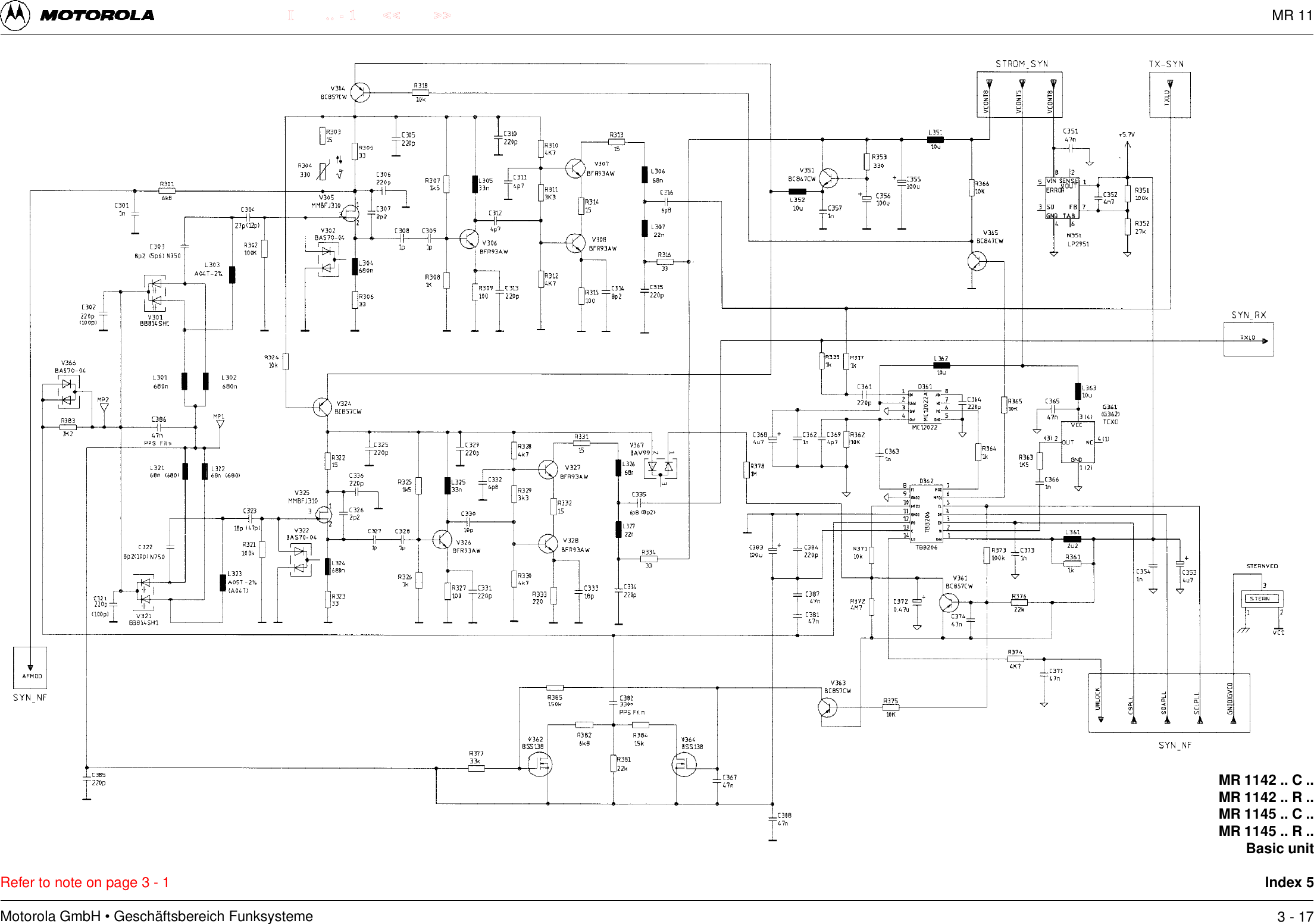 Motorola GmbH &bull; Gesch&auml;ftsbereich Funksysteme.. - 1 << >>IRefer to note on page 3 - 1MR 1142 .. C ..MR 1142 .. R ..MR 1145 .. C ..MR 1145 .. R ..Basic unitIndex 53 - 17MR 11