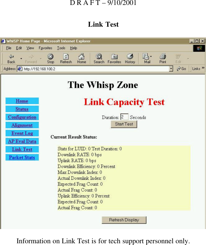 D R A F T – 9/10/2001 Link Test    Information on Link Test is for tech support personnel only.  