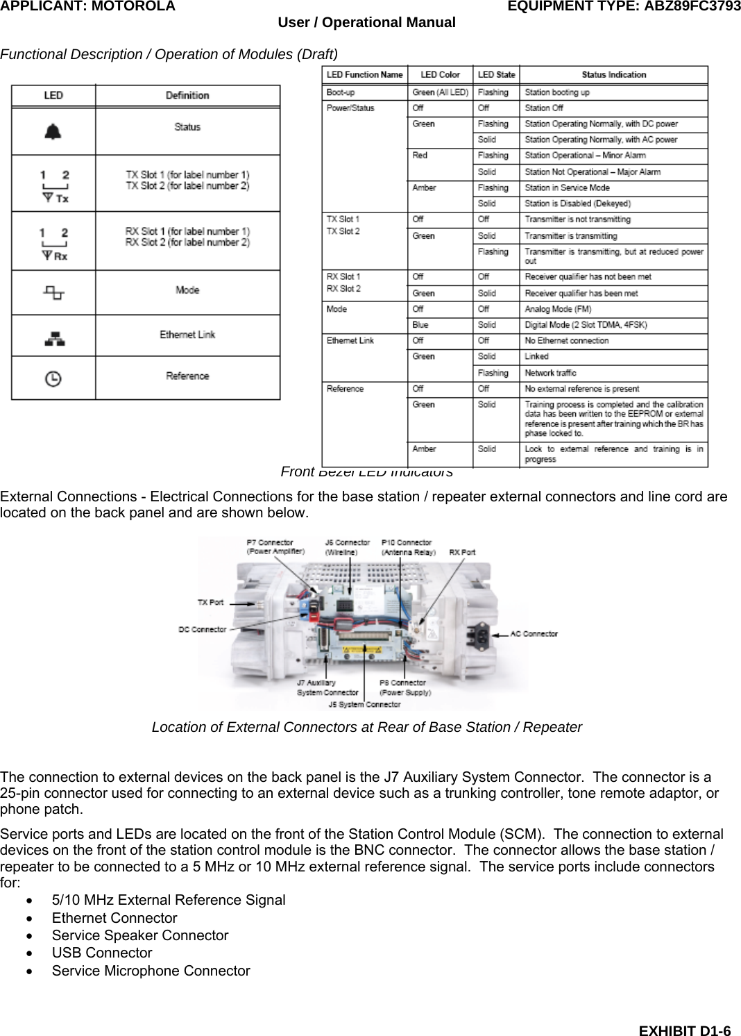 APPLICANT: MOTOROLA  EQUIPMENT TYPE: ABZ89FC3793 User / Operational Manual  Functional Description / Operation of Modules (Draft)  EXHIBIT D1-6    Front Bezel LED Indicators External Connections - Electrical Connections for the base station / repeater external connectors and line cord are located on the back panel and are shown below.  Location of External Connectors at Rear of Base Station / Repeater  The connection to external devices on the back panel is the J7 Auxiliary System Connector.  The connector is a 25-pin connector used for connecting to an external device such as a trunking controller, tone remote adaptor, or phone patch. Service ports and LEDs are located on the front of the Station Control Module (SCM).  The connection to external devices on the front of the station control module is the BNC connector.  The connector allows the base station / repeater to be connected to a 5 MHz or 10 MHz external reference signal.  The service ports include connectors for: •  5/10 MHz External Reference Signal • Ethernet Connector • Service Speaker Connector • USB Connector •  Service Microphone Connector 