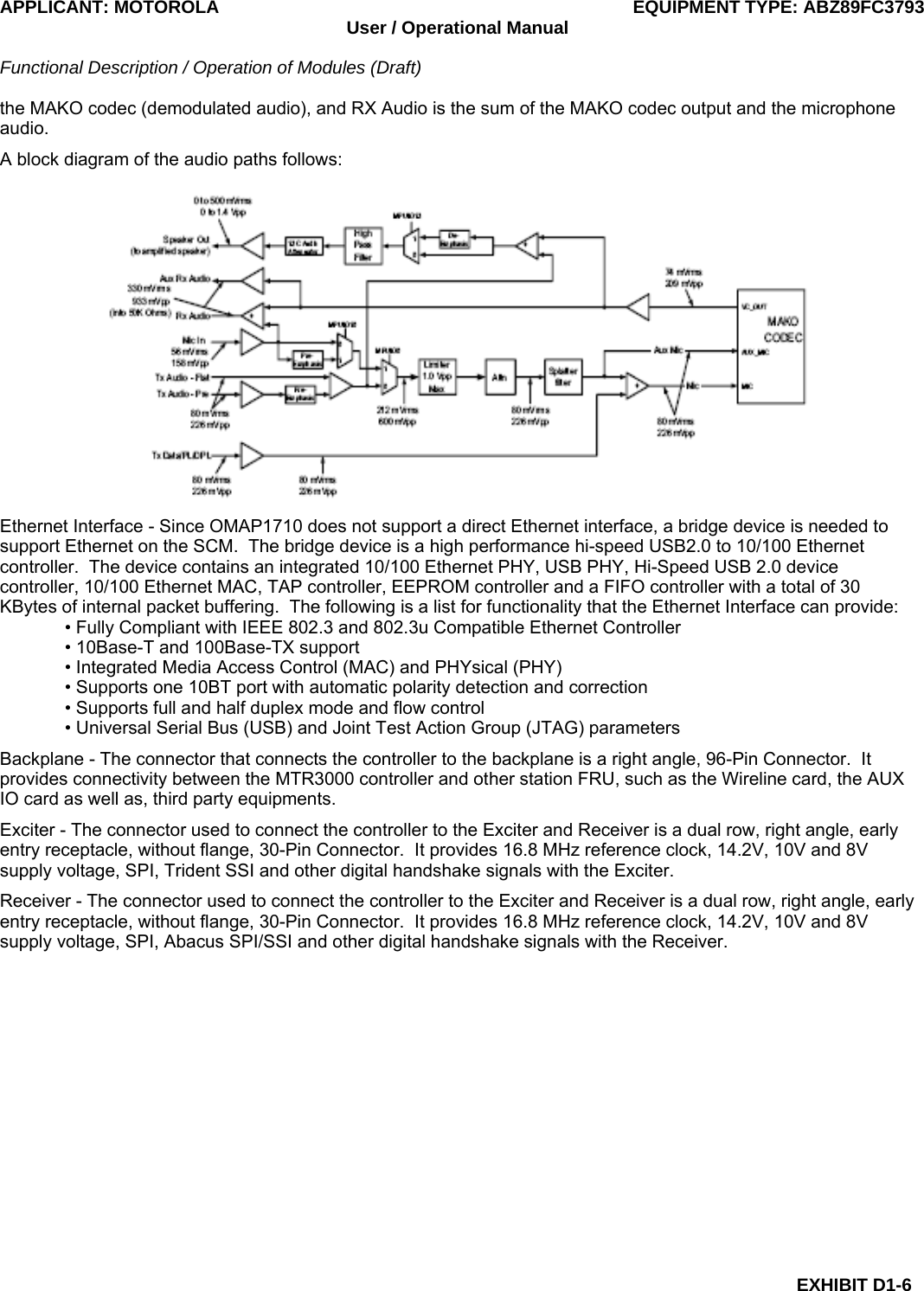 APPLICANT: MOTOROLA  EQUIPMENT TYPE: ABZ89FC3793 User / Operational Manual  Functional Description / Operation of Modules (Draft)  EXHIBIT D1-6 the MAKO codec (demodulated audio), and RX Audio is the sum of the MAKO codec output and the microphone audio. A block diagram of the audio paths follows:  Ethernet Interface - Since OMAP1710 does not support a direct Ethernet interface, a bridge device is needed to support Ethernet on the SCM.  The bridge device is a high performance hi-speed USB2.0 to 10/100 Ethernet controller.  The device contains an integrated 10/100 Ethernet PHY, USB PHY, Hi-Speed USB 2.0 device controller, 10/100 Ethernet MAC, TAP controller, EEPROM controller and a FIFO controller with a total of 30 KBytes of internal packet buffering.  The following is a list for functionality that the Ethernet Interface can provide: • Fully Compliant with IEEE 802.3 and 802.3u Compatible Ethernet Controller • 10Base-T and 100Base-TX support • Integrated Media Access Control (MAC) and PHYsical (PHY) • Supports one 10BT port with automatic polarity detection and correction • Supports full and half duplex mode and flow control • Universal Serial Bus (USB) and Joint Test Action Group (JTAG) parameters Backplane - The connector that connects the controller to the backplane is a right angle, 96-Pin Connector.  It provides connectivity between the MTR3000 controller and other station FRU, such as the Wireline card, the AUX IO card as well as, third party equipments. Exciter - The connector used to connect the controller to the Exciter and Receiver is a dual row, right angle, early entry receptacle, without flange, 30-Pin Connector.  It provides 16.8 MHz reference clock, 14.2V, 10V and 8V supply voltage, SPI, Trident SSI and other digital handshake signals with the Exciter. Receiver - The connector used to connect the controller to the Exciter and Receiver is a dual row, right angle, early entry receptacle, without flange, 30-Pin Connector.  It provides 16.8 MHz reference clock, 14.2V, 10V and 8V supply voltage, SPI, Abacus SPI/SSI and other digital handshake signals with the Receiver.  
