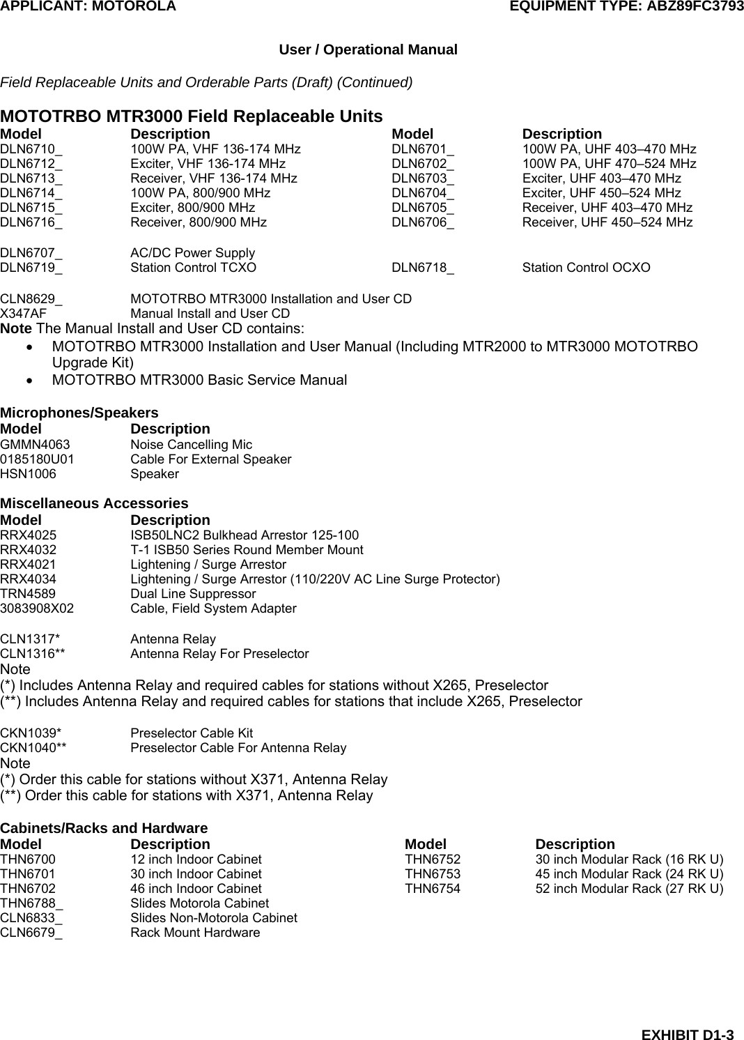 APPLICANT: MOTOROLA  EQUIPMENT TYPE: ABZ89FC3793 EXHIBIT D1-3  User / Operational Manual  Field Replaceable Units and Orderable Parts (Draft) (Continued)  MOTOTRBO MTR3000 Field Replaceable Units Model Description  Model Description DLN6710_  100W PA, VHF 136-174 MHz  DLN6701_  100W PA, UHF 403–470 MHz DLN6712_  Exciter, VHF 136-174 MHz  DLN6702_  100W PA, UHF 470–524 MHz DLN6713_  Receiver, VHF 136-174 MHz  DLN6703_  Exciter, UHF 403–470 MHz DLN6714_  100W PA, 800/900 MHz  DLN6704_  Exciter, UHF 450–524 MHz DLN6715_  Exciter, 800/900 MHz  DLN6705_  Receiver, UHF 403–470 MHz DLN6716_  Receiver, 800/900 MHz  DLN6706_  Receiver, UHF 450–524 MHz  DLN6707_  AC/DC Power Supply DLN6719_ Station Control TCXO  DLN6718_  Station Control OCXO  CLN8629_  MOTOTRBO MTR3000 Installation and User CD X347AF  Manual Install and User CD Note The Manual Install and User CD contains: •  MOTOTRBO MTR3000 Installation and User Manual (Including MTR2000 to MTR3000 MOTOTRBO Upgrade Kit) •  MOTOTRBO MTR3000 Basic Service Manual  Microphones/Speakers Model Description GMMN4063  Noise Cancelling Mic 0185180U01  Cable For External Speaker HSN1006 Speaker  Miscellaneous Accessories Model Description RRX4025  ISB50LNC2 Bulkhead Arrestor 125-100 RRX4032  T-1 ISB50 Series Round Member Mount RRX4021  Lightening / Surge Arrestor RRX4034  Lightening / Surge Arrestor (110/220V AC Line Surge Protector) TRN4589 Dual Line Suppressor 3083908X02  Cable, Field System Adapter  CLN1317* Antenna Relay CLN1316**  Antenna Relay For Preselector Note (*) Includes Antenna Relay and required cables for stations without X265, Preselector (**) Includes Antenna Relay and required cables for stations that include X265, Preselector  CKN1039*  Preselector Cable Kit CKN1040**  Preselector Cable For Antenna Relay Note (*) Order this cable for stations without X371, Antenna Relay (**) Order this cable for stations with X371, Antenna Relay  Cabinets/Racks and Hardware Model Description  Model Description THN6700  12 inch Indoor Cabinet  THN6752  30 inch Modular Rack (16 RK U) THN6701  30 inch Indoor Cabinet  THN6753  45 inch Modular Rack (24 RK U) THN6702  46 inch Indoor Cabinet  THN6754  52 inch Modular Rack (27 RK U) THN6788_  Slides Motorola Cabinet CLN6833_  Slides Non-Motorola Cabinet CLN6679_  Rack Mount Hardware  