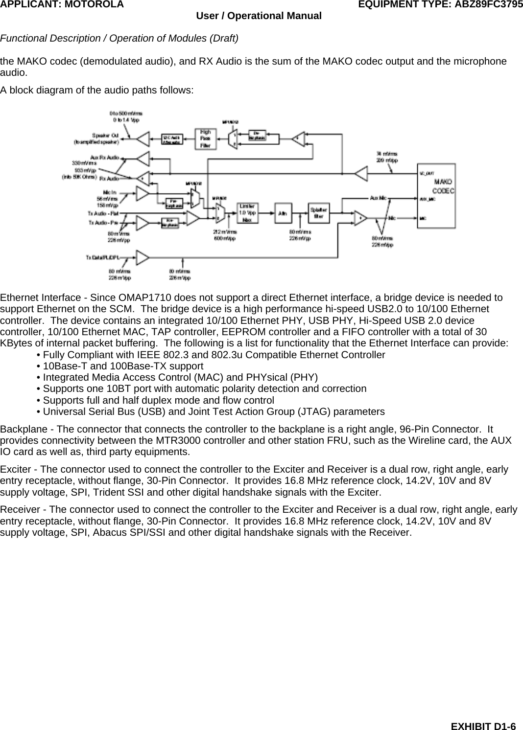 APPLICANT: MOTOROLA  EQUIPMENT TYPE: ABZ89FC3795 User / Operational Manual  Functional Description / Operation of Modules (Draft)  EXHIBIT D1-6 the MAKO codec (demodulated audio), and RX Audio is the sum of the MAKO codec output and the microphone audio. A block diagram of the audio paths follows:  Ethernet Interface - Since OMAP1710 does not support a direct Ethernet interface, a bridge device is needed to support Ethernet on the SCM.  The bridge device is a high performance hi-speed USB2.0 to 10/100 Ethernet controller.  The device contains an integrated 10/100 Ethernet PHY, USB PHY, Hi-Speed USB 2.0 device controller, 10/100 Ethernet MAC, TAP controller, EEPROM controller and a FIFO controller with a total of 30 KBytes of internal packet buffering.  The following is a list for functionality that the Ethernet Interface can provide: • Fully Compliant with IEEE 802.3 and 802.3u Compatible Ethernet Controller • 10Base-T and 100Base-TX support • Integrated Media Access Control (MAC) and PHYsical (PHY) • Supports one 10BT port with automatic polarity detection and correction • Supports full and half duplex mode and flow control • Universal Serial Bus (USB) and Joint Test Action Group (JTAG) parameters Backplane - The connector that connects the controller to the backplane is a right angle, 96-Pin Connector.  It provides connectivity between the MTR3000 controller and other station FRU, such as the Wireline card, the AUX IO card as well as, third party equipments. Exciter - The connector used to connect the controller to the Exciter and Receiver is a dual row, right angle, early entry receptacle, without flange, 30-Pin Connector.  It provides 16.8 MHz reference clock, 14.2V, 10V and 8V supply voltage, SPI, Trident SSI and other digital handshake signals with the Exciter. Receiver - The connector used to connect the controller to the Exciter and Receiver is a dual row, right angle, early entry receptacle, without flange, 30-Pin Connector.  It provides 16.8 MHz reference clock, 14.2V, 10V and 8V supply voltage, SPI, Abacus SPI/SSI and other digital handshake signals with the Receiver.  