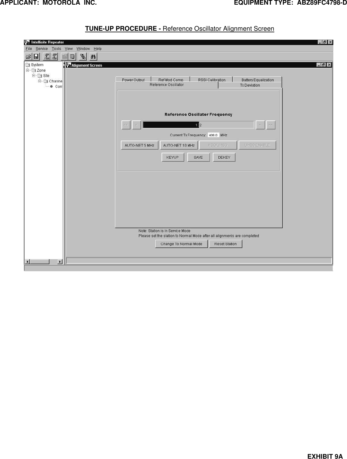 APPLICANT:  MOTOROLA  INC. EQUIPMENT TYPE:  ABZ89FC4798-DEXHIBIT 9ATUNE-UP PROCEDURE - Reference Oscillator Alignment Screen