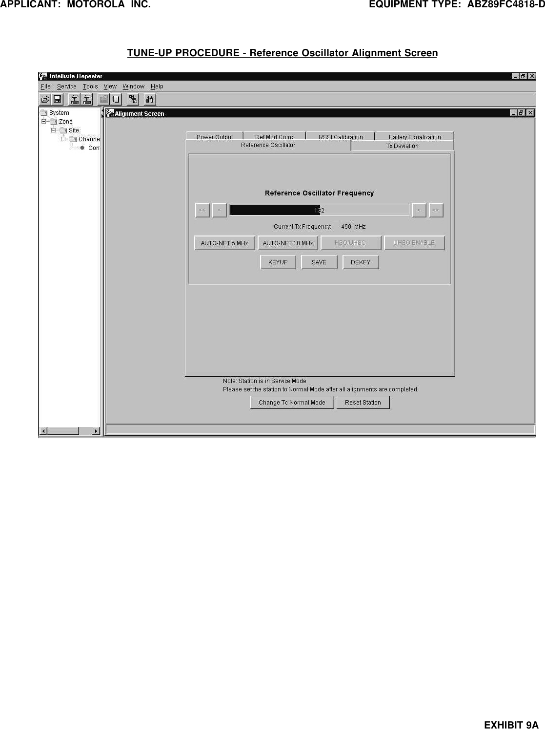 APPLICANT:  MOTOROLA  INC. EQUIPMENT TYPE:  ABZ89FC4818-DEXHIBIT 9ATUNE-UP PROCEDURE - Reference Oscillator Alignment Screen