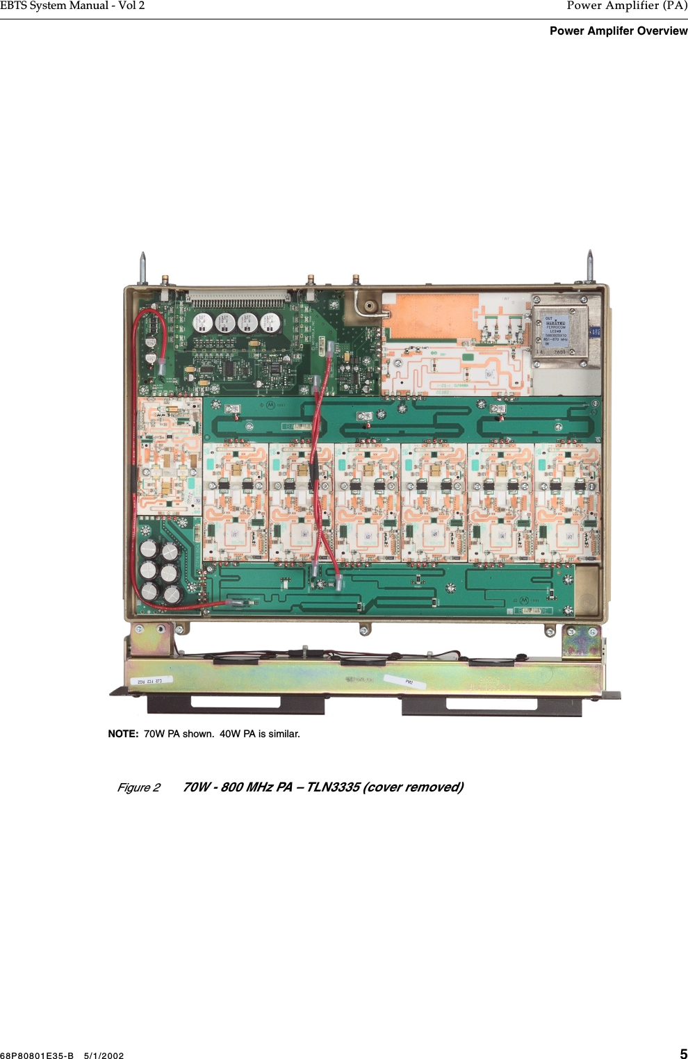 68P80801E35-B   5/1/2002 5EBTS System Manual - Vol 2 Power Amplifier (PA)Power Amplifer Overview Figure 2 70W - 800 MHz PA – TLN3335 (cover removed)NOTE:  70W PA shown.  40W PA is similar.
