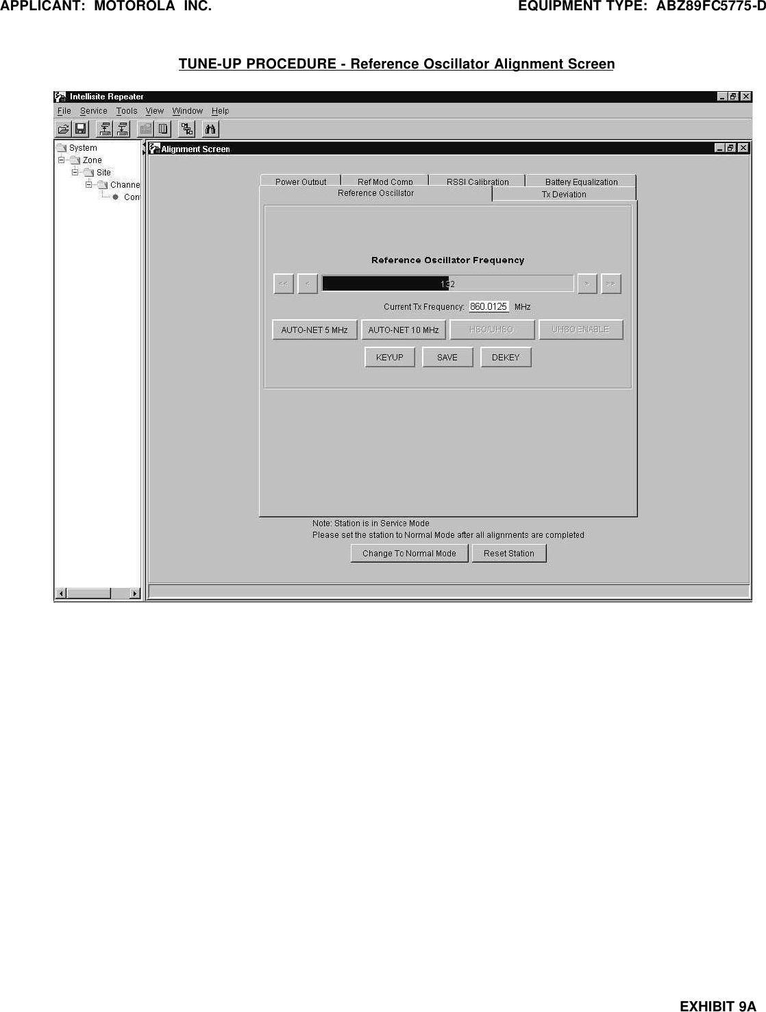 APPLICANT:  MOTOROLA  INC. EQUIPMENT TYPE:  ABZ89FC5775-DEXHIBIT 9ATUNE-UP PROCEDURE - Reference Oscillator Alignment Screen