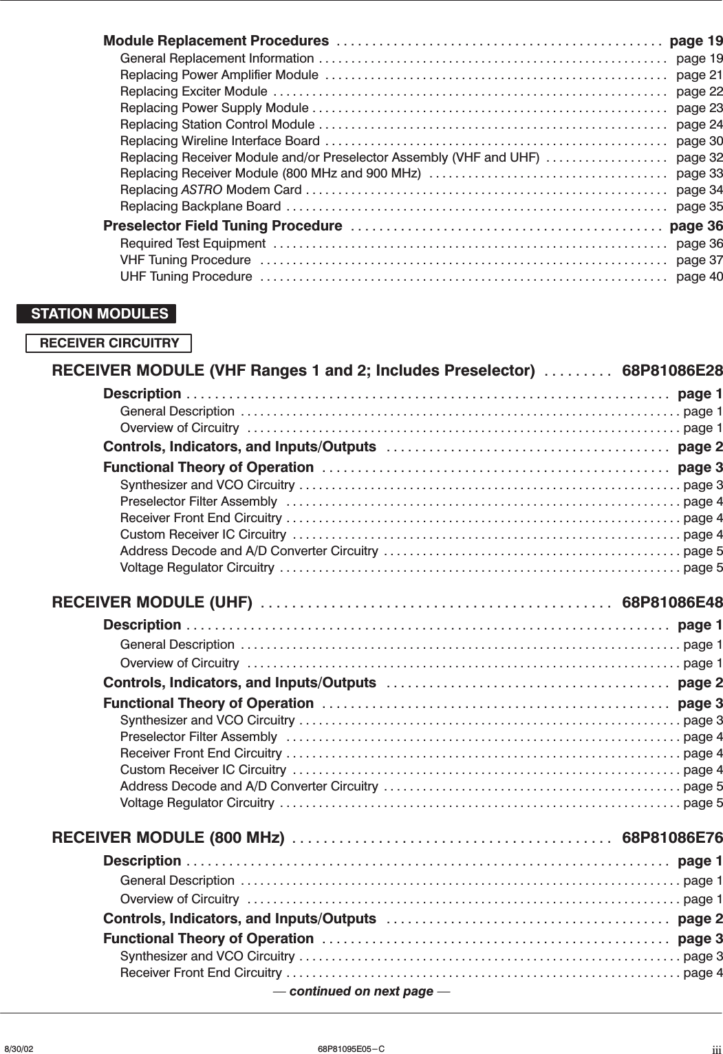 iii8/30/02 68P81095E05-CModule Replacement Procedures page 19..............................................General Replacement Information page 19......................................................Replacing Power Amplifier Module page 21.....................................................Replacing Exciter Module page 22.............................................................Replacing Power Supply Module page 23.......................................................Replacing Station Control Module page 24......................................................Replacing Wireline Interface Board page 30.....................................................Replacing Receiver Module and/or Preselector Assembly (VHF and UHF) page 32...................Replacing Receiver Module (800 MHz and 900 MHz) page 33.....................................Replacing ASTRO Modem Card page 34........................................................Replacing Backplane Board page 35...........................................................Preselector Field Tuning Procedure page 36............................................Required Test Equipment page 36.............................................................VHF Tuning Procedure page 37...............................................................UHF Tuning Procedure page 40...............................................................STATION MODULESRECEIVER CIRCUITRYRECEIVER MODULE (VHF Ranges 1 and 2; Includes Preselector) 68P81086E28.........Description page 1....................................................................General Description page 1....................................................................Overview of Circuitry page 1...................................................................Controls, Indicators, and Inputs/Outputs page 2........................................Functional Theory of Operation page 3.................................................Synthesizer and VCO Circuitry page 3...........................................................Preselector Filter Assembly page 4.............................................................Receiver Front End Circuitry page 4.............................................................Custom Receiver IC Circuitry page 4............................................................Address Decode and A/D Converter Circuitry page 5..............................................Voltage Regulator Circuitry page 5..............................................................RECEIVER MODULE (UHF) 68P81086E48.............................................Description page 1....................................................................General Description page 1....................................................................Overview of Circuitry page 1...................................................................Controls, Indicators, and Inputs/Outputs page 2........................................Functional Theory of Operation page 3.................................................Synthesizer and VCO Circuitry page 3...........................................................Preselector Filter Assembly page 4.............................................................Receiver Front End Circuitry page 4.............................................................Custom Receiver IC Circuitry page 4............................................................Address Decode and A/D Converter Circuitry page 5..............................................Voltage Regulator Circuitry page 5..............................................................RECEIVER MODULE (800 MHz) 68P81086E76.........................................Description page 1....................................................................General Description page 1....................................................................Overview of Circuitry page 1...................................................................Controls, Indicators, and Inputs/Outputs page 2........................................Functional Theory of Operation page 3.................................................Synthesizer and VCO Circuitry page 3...........................................................Receiver Front End Circuitry page 4.............................................................Ċcontinued on next page Ċ