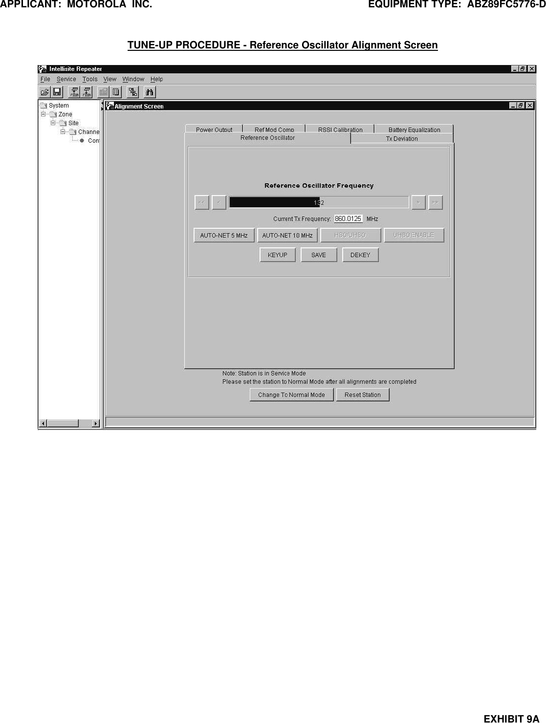 APPLICANT:  MOTOROLA  INC. EQUIPMENT TYPE:  ABZ89FC5776-DEXHIBIT 9ATUNE-UP PROCEDURE - Reference Oscillator Alignment Screen