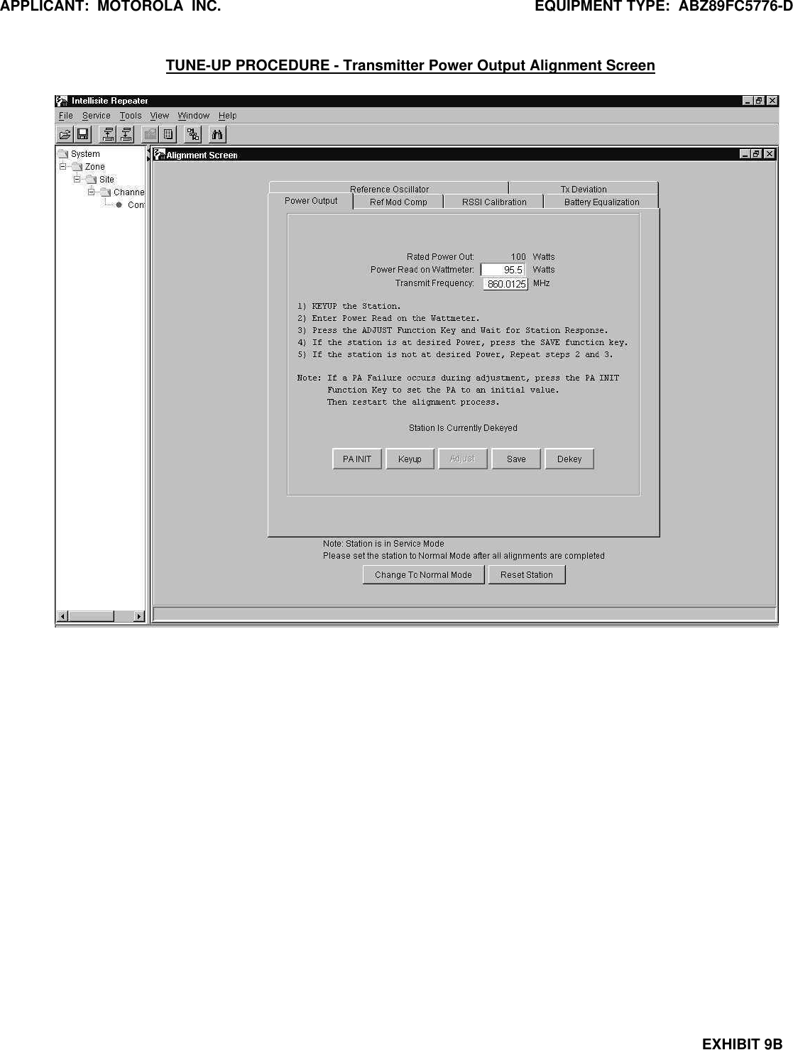 APPLICANT:  MOTOROLA  INC. EQUIPMENT TYPE:  ABZ89FC5776-DEXHIBIT 9BTUNE-UP PROCEDURE - Transmitter Power Output Alignment Screen