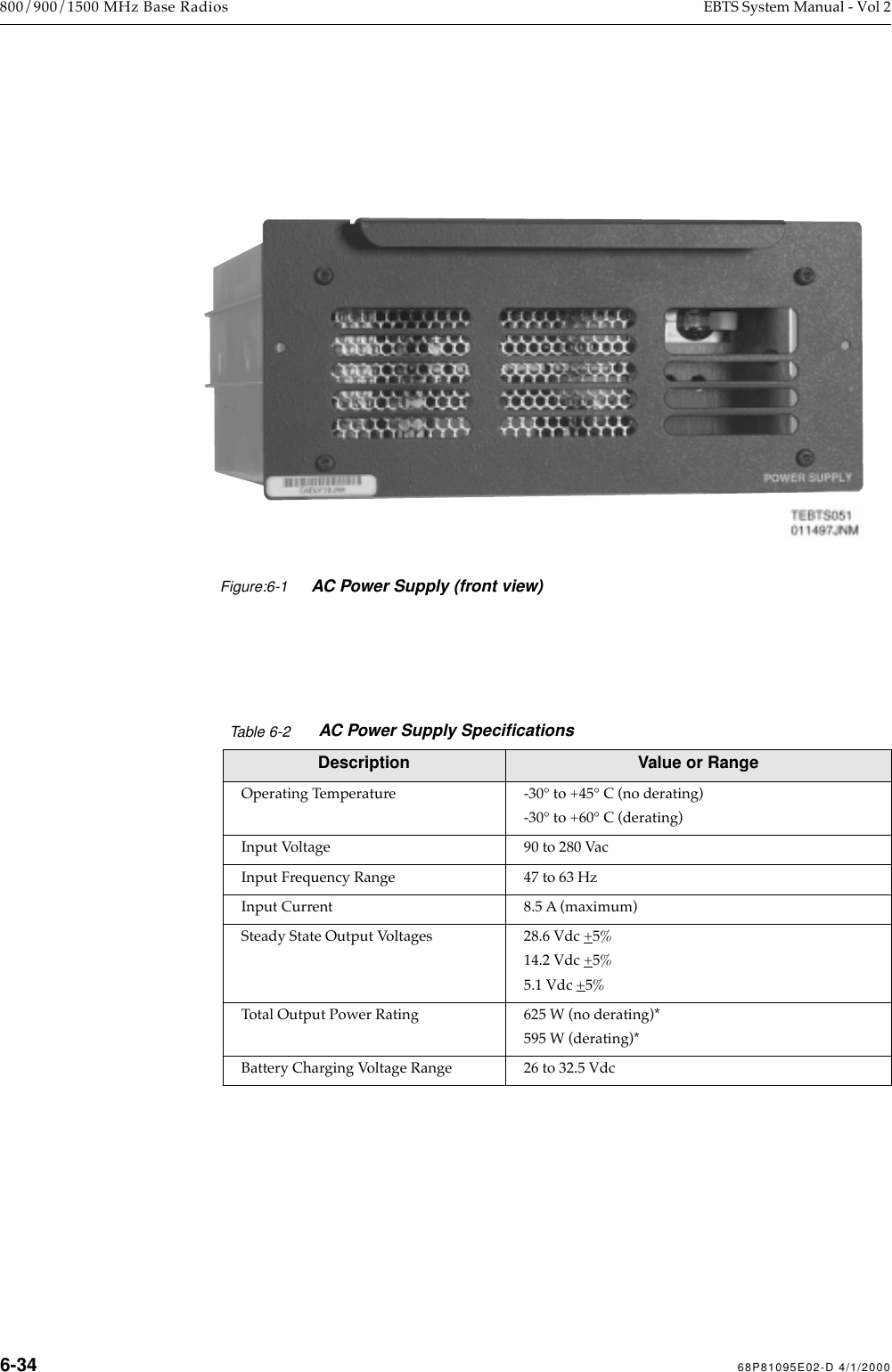  6-34 68P81095E02-D 4/1/2000 800/900/1500 MHz Base Radios EBTS System Manual - Vol 2   Table 6-2 AC Power Supply Speciﬁcations Description Value or Range Operating Temperature -30¡ to +45¡ C (no derating)-30¡ to +60¡ C (derating)Input Voltage 90 to 280 VacInput Frequency Range 47 to 63 HzInput Current 8.5 A (maximum)Steady State Output Voltages 28.6 Vdc +5%14.2 Vdc +5%5.1 Vdc +5%Total Output Power Rating 625 W (no derating)*595 W (derating)*Battery Charging Voltage Range 26 to 32.5 VdcFigure:6-1AC Power Supply (front view)