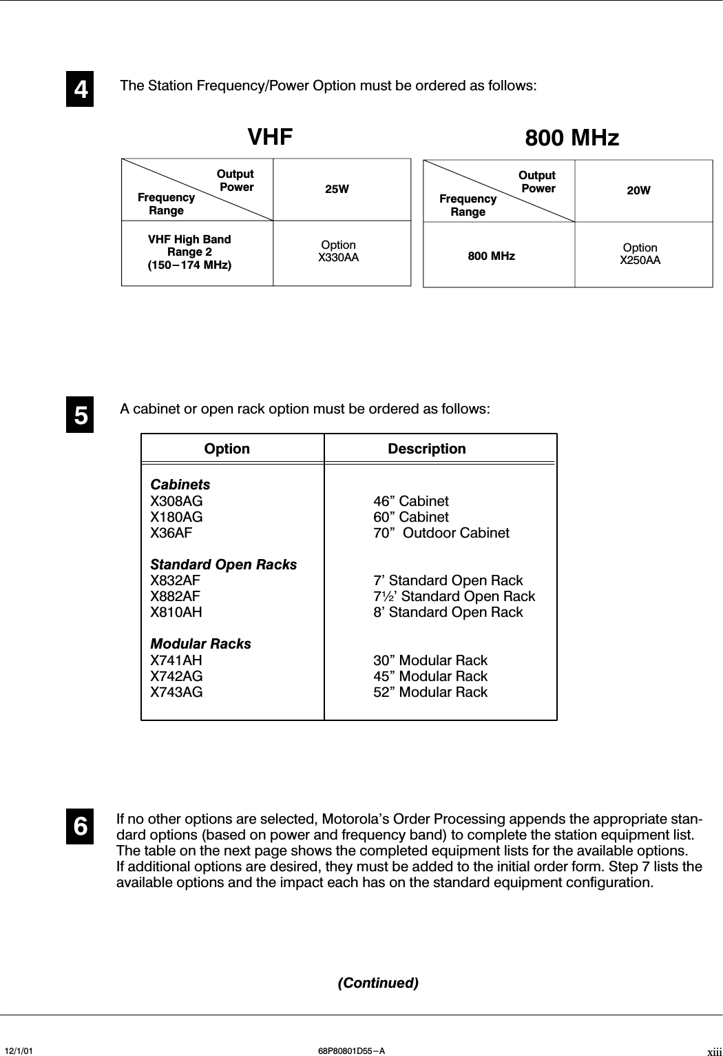 xiii12/1/01 68P80801D55-A(Continued)5A cabinet or open rack option must be ordered as follows:CabinetsX308AG 46&quot; CabinetX180AG 60&quot; CabinetX36AF 70&quot; Outdoor CabinetStandard Open RacksX832AF 7&apos; Standard Open RackX882AF 7½&apos; Standard Open RackX810AH 8&apos; Standard Open RackModular RacksX741AH 30&quot; Modular RackX742AG 45&quot; Modular RackX743AG 52&quot; Modular RackOption DescriptionThe Station Frequency/Power Option must be ordered as follows:OutputPowerFrequencyRangeVHF High BandRange 2(150-174 MHz)25WOptionX330AAVHF4If no other options are selected, Motorola&apos;s Order Processing appends the appropriate stanĆdard options (based on power and frequency band) to complete the station equipment list.The table on the next page shows the completed equipment lists for the available options.If additional options are desired, they must be added to the initial order form. Step 7 lists theavailable options and the impact each has on the standard equipment configuration.6OutputPowerFrequencyRange800 MHz20WOptionX250AA800 MHz