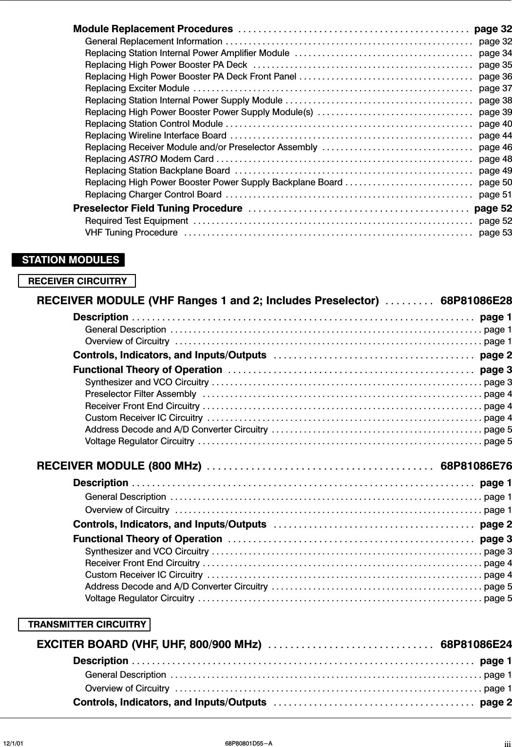 iii12/1/01 68P80801D55-AModule Replacement Procedures page 32..............................................General Replacement Information page 32......................................................Replacing Station Internal Power Amplifier Module page 34.......................................Replacing High Power Booster PA Deck page 35................................................Replacing High Power Booster PA Deck Front Panel page 36......................................Replacing Exciter Module page 37.............................................................Replacing Station Internal Power Supply Module page 38.........................................Replacing High Power Booster Power Supply Module(s) page 39..................................Replacing Station Control Module page 40......................................................Replacing Wireline Interface Board page 44.....................................................Replacing Receiver Module and/or Preselector Assembly page 46.................................Replacing ASTRO Modem Card page 48........................................................Replacing Station Backplane Board page 49....................................................Replacing High Power Booster Power Supply Backplane Board page 50............................Replacing Charger Control Board page 51......................................................Preselector Field Tuning Procedure page 52............................................Required Test Equipment page 52.............................................................VHF Tuning Procedure page 53...............................................................STATION MODULESRECEIVER CIRCUITRYRECEIVER MODULE (VHF Ranges 1 and 2; Includes Preselector) 68P81086E28.........Description page 1....................................................................General Description page 1....................................................................Overview of Circuitry page 1...................................................................Controls, Indicators, and Inputs/Outputs page 2........................................Functional Theory of Operation page 3.................................................Synthesizer and VCO Circuitry page 3...........................................................Preselector Filter Assembly page 4.............................................................Receiver Front End Circuitry page 4.............................................................Custom Receiver IC Circuitry page 4............................................................Address Decode and A/D Converter Circuitry page 5..............................................Voltage Regulator Circuitry page 5..............................................................RECEIVER MODULE (800 MHz) 68P81086E76.........................................Description page 1....................................................................General Description page 1....................................................................Overview of Circuitry page 1...................................................................Controls, Indicators, and Inputs/Outputs page 2........................................Functional Theory of Operation page 3.................................................Synthesizer and VCO Circuitry page 3...........................................................Receiver Front End Circuitry page 4.............................................................Custom Receiver IC Circuitry page 4............................................................Address Decode and A/D Converter Circuitry page 5..............................................Voltage Regulator Circuitry page 5..............................................................TRANSMITTER CIRCUITRYEXCITER BOARD (VHF, UHF, 800/900 MHz) 68P81086E24..............................Description page 1....................................................................General Description page 1....................................................................Overview of Circuitry page 1...................................................................Controls, Indicators, and Inputs/Outputs page 2........................................