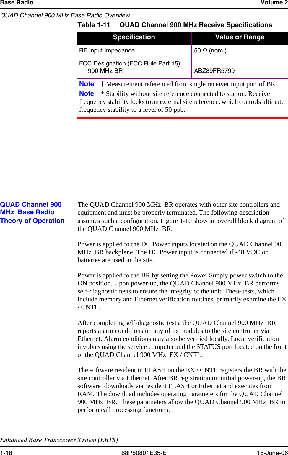 Base Radio Volume 2QUAD Channel 900 MHz Base Radio OverviewEnhanced Base Transceiver System (EBTS)1-18 68P80801E35-E 16-June-06QUAD Channel 900 MHz  Base Radio Theory of OperationThe QUAD Channel 900 MHz  BR operates with other site controllers and equipment and must be properly terminated. The following description assumes such a configuration. Figure 1-10 show an overall block diagram of the QUAD Channel 900 MHz  BR.Power is applied to the DC Power inputs located on the QUAD Channel 900 MHz  BR backplane. The DC Power input is connected if -48 VDC or batteries are used in the site.Power is applied to the BR by setting the Power Supply power switch to the ON position. Upon power-up, the QUAD Channel 900 MHz  BR performs self-diagnostic tests to ensure the integrity of the unit. These tests, which include memory and Ethernet verification routines, primarily examine the EX / CNTL. After completing self-diagnostic tests, the QUAD Channel 900 MHz  BR reports alarm conditions on any of its modules to the site controller via Ethernet. Alarm conditions may also be verified locally. Local verification involves using the service computer and the STATUS port located on the front of the QUAD Channel 900 MHz  EX / CNTL.The software resident in FLASH on the EX / CNTL registers the BR with the site controller via Ethernet. After BR registration on initial power-up, the BR software  downloads via resident FLASH or Ethernet and executes from RAM. The download includes operating parameters for the QUAD Channel 900 MHz  BR. These parameters allow the QUAD Channel 900 MHz  BR to perform call processing functions. RF Input Impedance 50 Ω (nom.)FCC Designation (FCC Rule Part 15):900 MHz BR  ABZ89FR5799Note † Measurement referenced from single receiver input port of BR.Note * Stability without site reference connected to station. Receive frequency stability locks to an external site reference, which controls ultimate frequency stability to a level of 50 ppb.Table 1-11 QUAD Channel 900 MHz Receive Specifications Specification Value or Range