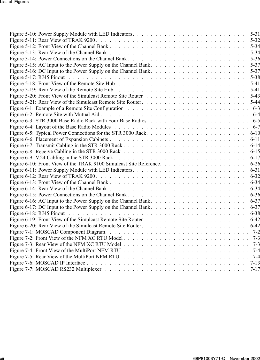 List of FiguresFigure5-10:PowerSupplyModulewithLEDIndicators......................... 5-31Figure 5-11: RearViewofTRAK9200................................. 5-32Figure5-12:FrontViewoftheChannelBank.............................. 5-34Figure5-13:RearViewoftheChannelBank.............................. 5-34Figure 5-14: PowerConnectionsontheChannelBank.......................... 5-36Figure5-15:ACInputtothePowerSupplyontheChannelBank..................... 5-37Figure5-16:DCInputtothePowerSupplyontheChannelBank..................... 5-37Figure 5-17: RJ45Pinout ....................................... 5-38Figure5-18:FrontViewoftheRemoteSiteHub ............................ 5-41Figure5-19:RearViewoftheRemoteSiteHub............................. 5-41Figure 5-20: FrontViewoftheSimulcastRemoteSiteRouter...................... 5-43Figure5-21:RearViewoftheSimulcastRemoteSiteRouter....................... 5-44Figure6-1:ExampleofaRemoteSiteConfiguration ........................... 6-3Figure 6-2: RemoteSitewithMutualAid................................. 6-4Figure6-3:STR3000BaseRadioRackwithFourBaseRadios ...................... 6-5Figure6-4:LayoutoftheBaseRadioModules.............................. 6-7Figure 6-5: TypicalPowerConnectionsfortheSTR3000Rack...................... 6-10Figure 6-6: Placement of Expansion Cabinets . . . . . . . . . . . . . . . . . . . . . . . . . . . . . . 6-11Figure6-7:TransmitCablingintheSTR3000Rack........................... 6-14Figure 6-8: ReceiveCablingintheSTR3000Rack........................... 6-15Figure6-9:V.24CablingintheSTR3000Rack............................. 6-17Figure6-10:FrontViewoftheTRAK9100SimulcastSiteReference................... 6-26Figure 6-11: PowerSupplyModulewithLEDIndicators......................... 6-31Figure6-12:RearViewofTRAK9200................................. 6-32Figure6-13:FrontViewoftheChannelBank.............................. 6-34Figure 6-14: Rear ViewoftheChannelBank.............................. 6-34Figure6-15:PowerConnectionsontheChannelBank.......................... 6-36Figure6-16:ACInputtothePowerSupplyontheChannelBank..................... 6-37Figure 6-17: DC InputtothePowerSupplyontheChannelBank..................... 6-37Figure6-18:RJ45Pinout ....................................... 6-38Figure6-19:FrontViewoftheSimulcastRemoteSiteRouter...................... 6-42Figure 6-20: Rear ViewoftheSimulcastRemoteSiteRouter....................... 6-42Figure7-1:MOSCADComponentDiagram................................ 7-2Figure7-2:FrontViewoftheNFMXCRTUModel............................ 7-3Figure 7-3: Rear ViewoftheNFMXCRTUModel............................ 7-3Figure7-4:FrontViewoftheMultiPortNFMRTU............................ 7-4Figure7-5:RearViewoftheMultiPortNFMRTU ............................ 7-4Figure 7-6: MOSCAD IPInterface................................... 7-13Figure7-7:MOSCADRS232Multiplexer ............................... 7-17xii 68P81003Y71-O November 2002