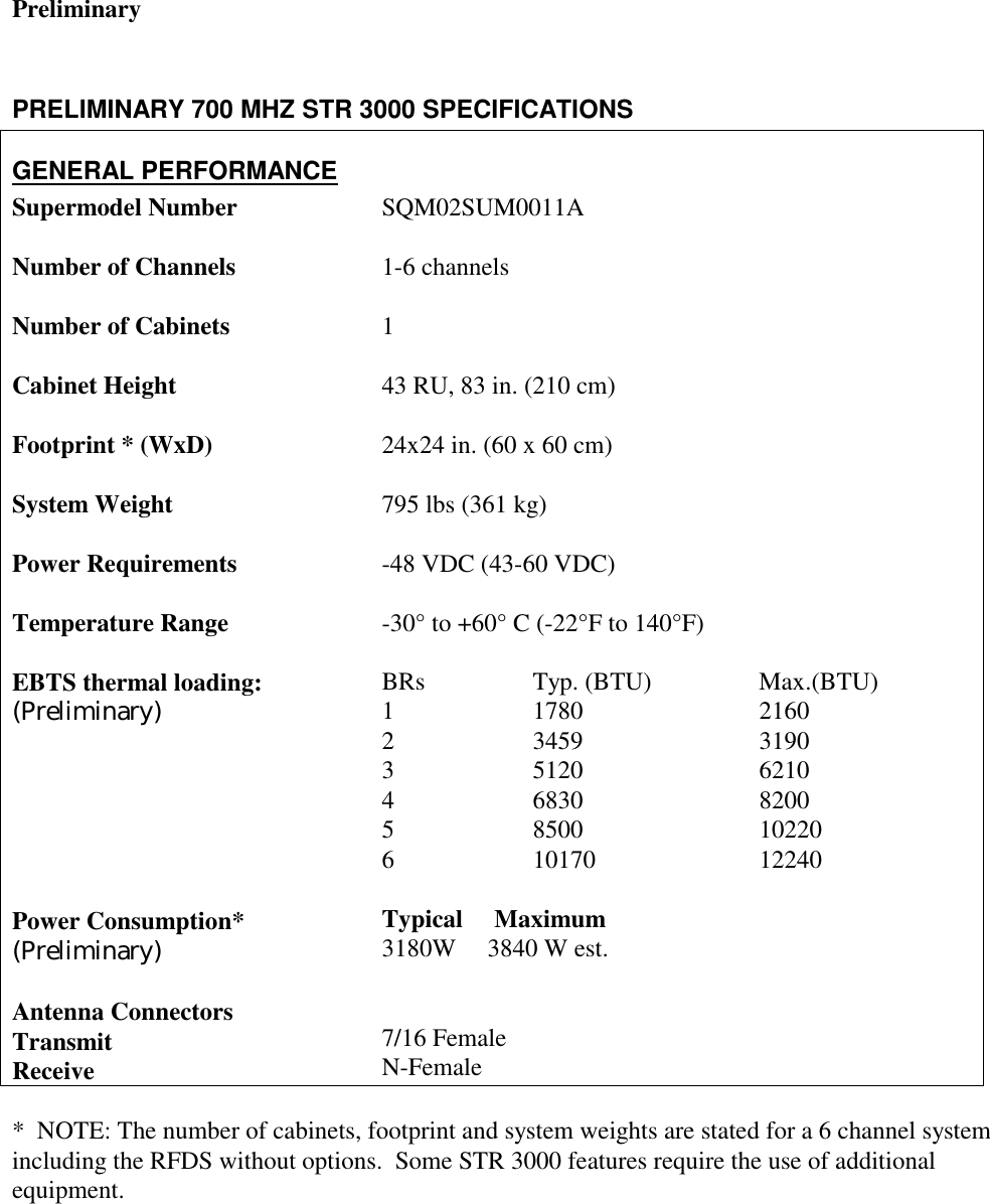 Preliminary   PRELIMINARY 700 MHZ STR 3000 SPECIFICATIONS GENERAL PERFORMANCE Supermodel Number                   Number of Channels                    Number of Cabinets                     Cabinet Height                             Footprint * (WxD)                       System Weight                             Power Requirements                  Temperature Range                   EBTS thermal loading: (Preliminary)       Power Consumption*               (Preliminary)                                   Antenna Connectors Transmit                                    Receive                                      SQM02SUM0011A  1-6 channels  1  43 RU, 83 in. (210 cm)  24x24 in. (60 x 60 cm)  795 lbs (361 kg)  -48 VDC (43-60 VDC)  -30° to +60° C (-22°F to 140°F)  BRs  Typ. (BTU)  Max.(BTU) 1  1780   2160 2  3459   3190 3  5120   6210 4  6830   8200 5  8500   10220 6  10170   12240  Typical     Maximum 3180W     3840 W est.   7/16 Female N-Female  *  NOTE: The number of cabinets, footprint and system weights are stated for a 6 channel system including the RFDS without options.  Some STR 3000 features require the use of additional equipment. 