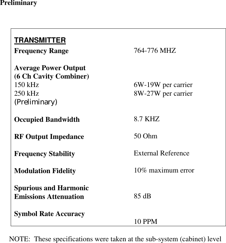 Preliminary    TRANSMITTER Frequency Range                  Average Power Output     (6 Ch Cavity Combiner) 150 kHz                                250 kHz                                (Preliminary)  Occupied Bandwidth           RF Output Impedance        Frequency Stability             Modulation Fidelity            Spurious and Harmonic Emissions Attenuation       Symbol Rate Accuracy       764-776 MHZ    6W-19W per carrier 8W-27W per carrier   8.7 KHZ  50 Ohm  External Reference  10% maximum error   85 dB    10 PPM       NOTE:  These specifications were taken at the sub-system (cabinet) level