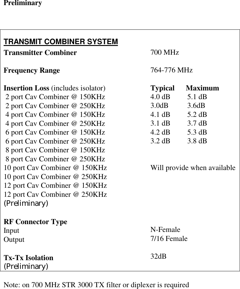 Preliminary    TRANSMIT COMBINER SYSTEM          Transmitter Combiner    Frequency Range                                                Insertion Loss (includes isolator)     2 port Cav Combiner @ 150KHz   2 port Cav Combiner @ 250KHz    4 port Cav Combiner @ 150KHz  4 port Cav Combiner @ 250KHz    6 port Cav Combiner @ 150KHz    6 port Cav Combiner @ 250KHz    8 port Cav Combiner @ 150KHz   8 port Cav Combiner @ 250KHz   10 port Cav Combiner @ 150KHz 10 port Cav Combiner @ 250KHz   12 port Cav Combiner @ 150KHz   12 port Cav Combiner @ 250KHz   (Preliminary)  RF Connector Type     Input          Output              Tx-Tx Isolation                                   (Preliminary)                              700 MHz  764-776 MHz  Typical      Maximum 4.0 dB         5.1 dB 3.0dB          3.6dB 4.1 dB         5.2 dB 3.1 dB         3.7 dB   4.2 dB         5.3 dB 3.2 dB         3.8 dB   Will provide when available       N-Female 7/16 Female  32dB  Note: on 700 MHz STR 3000 TX filter or diplexer is required   