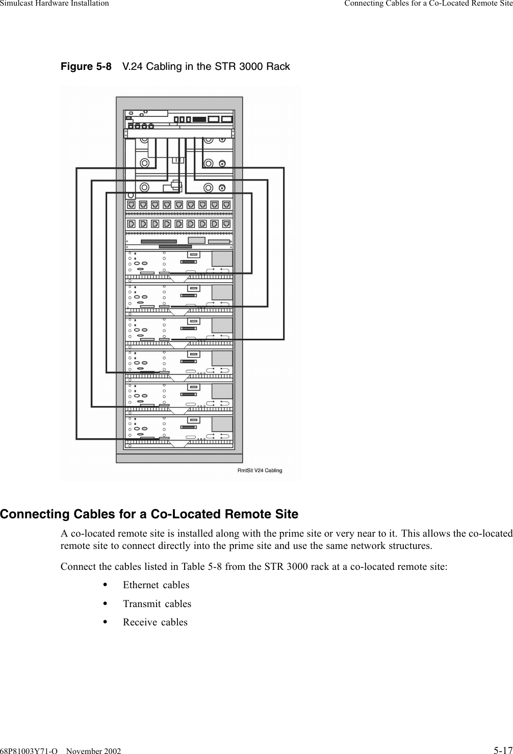 Simulcast Hardware Installation Connecting Cables for a Co-Located Remote SiteFigure 5-8 V.24 Cabling in the STR 3000 RackConnecting Cables for a Co-Located Remote SiteA co-located remote site is installed along with the prime site or very near to it. This allows the co-locatedremote site to connect directly into the prime site and use the same network structures.Connect the cables listed in Table 5-8 from the STR 3000 rack at a co-located remote site:•Ethernet cables•Transmit cables•Receive cables68P81003Y71-O November 2002 5-17