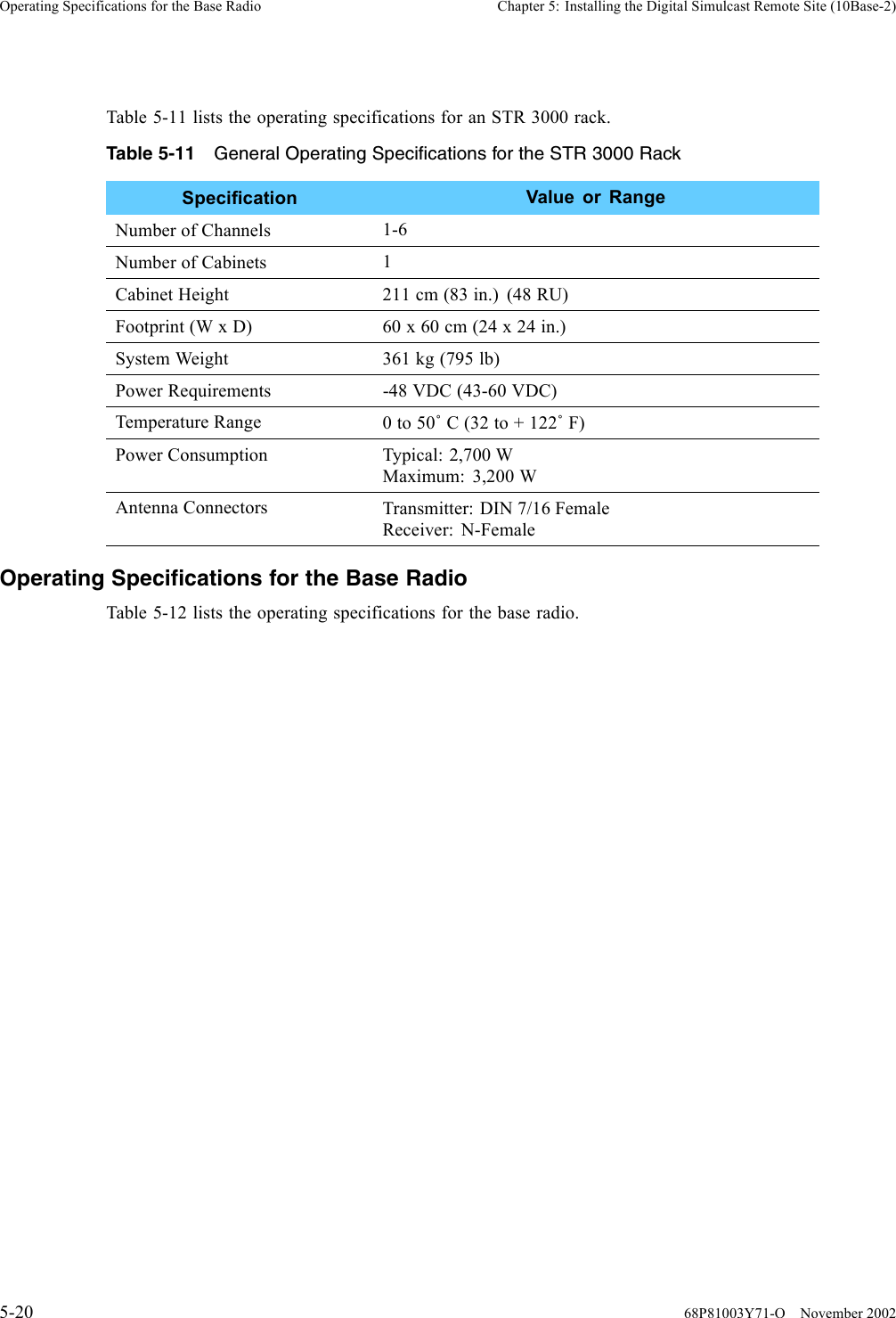 Operating Specifications for the Base Radio Chapter 5: Installing the Digital Simulcast Remote Site (10Base-2)Table 5-11 lists the operating specifications for an STR 3000 rack.Table 5-11 General Operating Specifications for the STR 3000 RackSpecification Value or RangeNumber of Channels 1-6Number of Cabinets 1Cabinet Height 211 cm (83 in.) (48 RU)Footprint (W x D) 60 x 60 cm (24 x 24 in.)SystemWeight 361kg(795lb)Power Requirements -48 VDC (43-60 VDC)Temperature Range 0to50˚C(32to+122˚F)Power Consumption Typical: 2,700 WMaximum: 3,200 WAntenna Connectors Transmitter: DIN 7/16 FemaleReceiver: N-FemaleOperating Specifications for the Base RadioTable 5-12 lists the operating specifications for the base radio.5-20 68P81003Y71-O November 2002