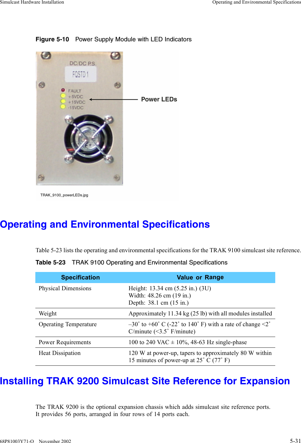 Simulcast Hardware Installation Operating and Environmental SpecificationsFigure 5-10 Power Supply Module with LED IndicatorsOperating and Environmental SpecificationsTable 5-23 lists the operating and environmental specifications for the TRAK 9100 simulcast site reference.Table 5-23 TRAK 9100 Operating and Environmental SpecificationsSpecification Value or RangePhysical Dimensions Height: 13.34 cm (5.25 in.) (3U)Width: 48.26 cm (19 in.)Depth: 38.1 cm (15 in.)Weight Approximately 11.34 kg (25 lb) with all modules installedOperating Temperature –30˚to +60˚C(-22˚to 140˚F) with a rate of change &lt;2˚C/minute (&lt;3.5˚F/minute)Power Requirements 100 to 240 VAC ± 10%, 48-63 Hz single-phaseHeat Dissipation 120 W at power-up, tapers to approximately 80 W within15 minutes of power-up at 25˚C(77˚F)Installing TRAK 9200 Simulcast Site Reference for ExpansionThe TRAK 9200 is the optional expansion chassis which adds simulcast site reference ports.It provides 56 ports, arranged in four rows of 14 ports each.68P81003Y71-O November 2002 5-31