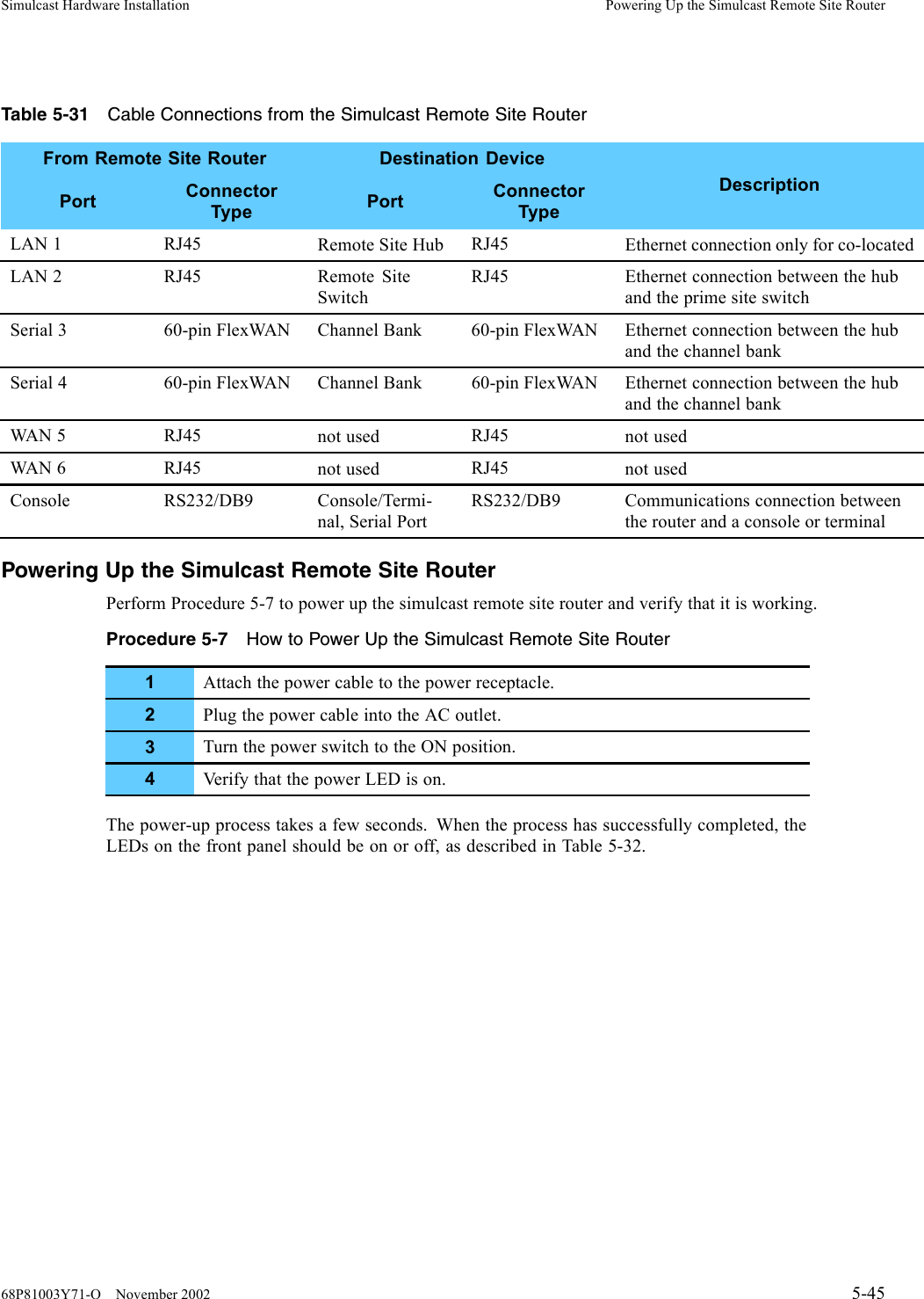 Simulcast Hardware Installation Powering Up the Simulcast Remote Site RouterTable 5-31 Cable Connections from the Simulcast Remote Site RouterFrom Remote Site Router Destination DevicePort ConnectorType Port ConnectorTypeDescriptionLAN 1 RJ45 Remote Site Hub RJ45 Ethernet connection only for co-locatedLAN 2 RJ45 Remote SiteSwitchRJ45 Ethernet connection between the huband the prime site switchSerial 3 60-pin FlexWAN Channel Bank 60-pin FlexWAN Ethernet connection between the huband the channel bankSerial 4 60-pin FlexWAN Channel Bank 60-pin FlexWAN Ethernet connection between the huband the channel bankWAN 5 RJ45 not used RJ45 not usedWAN 6 RJ45 not used RJ45 not usedConsole RS232/DB9 Console/Termi-nal, Serial PortRS232/DB9 Communications connection betweenthe router and a console or terminalPowering Up the Simulcast Remote Site RouterPerform Procedure 5-7 to power up the simulcast remote site router and verify that it is working.Procedure 5-7 How to Power Up the Simulcast Remote Site Router1Attach the power cable to the power receptacle.2Plug the power cable into the AC outlet.3Turn the power switch to the ON position.4Verify that the power LED is on.The power-up process takes a few seconds. When the process has successfully completed, theLEDs on the front panel should be on or off, as described in Table 5-32.68P81003Y71-O November 2002 5-45