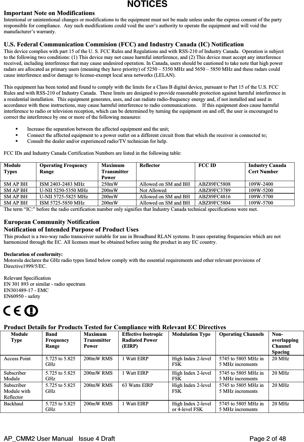AP_CMM2 User Manual   Issue 4 Draft         Page 2 of 48NOTICESImportant Note on ModificationsIntentional or unintentional changes or modifications to the equipment must not be made unless under the express consent of the partyresponsible for compliance.  Any such modifications could void the user’s authority to operate the equipment and will void themanufacturer’s warranty.U.S. Federal Communication Commision (FCC) and Industry Canada (IC) NotificationThis device complies with part 15 of the U. S. FCC Rules and Regulations and with RSS-210 of Industry Canada.  Operation is subjectto the following two conditions: (1) This device may not cause harmful interference, and (2) This device must accept any interferencereceived, including interference that may cause undesired operation. In Canada, users should be cautioned to take note that high powerradars are allocated as primary users (meaning they have priority) of 5250 – 5350 MHz and 5650 – 5850 MHz and these radars couldcause interference and/or damage to license-exempt local area networks (LELAN).This equipment has been tested and found to comply with the limits for a Class B digital device, pursuant to Part 15 of the U.S. FCCRules and with RSS-210 of Industry Canada.  These limits are designed to provide reasonable protection against harmful interference ina residential installation.  This equipment generates, uses, and can radiate radio-frequency energy and, if not installed and used inaccordance with these instructions, may cause harmful interference to radio communications.    If this equipment does cause harmfulinterference to radio or television reception, which can be determined by turning the equipment on and off, the user is encouraged tocorrect the interference by one or more of the following measures: Increase the separation between the affected equipment and the unit; Connect the affected equipment to a power outlet on a different circuit from that which the receiver is connected to; Consult the dealer and/or experienced radio/TV technician for help.FCC IDs and Industry Canada Certification Numbers are listed in the following table:ModuleTypesOperating FrequencyRangeMaximumTransmitterPowerReflector FCC ID Industry CanadaCert NumberSM AP BH ISM 2403-2483 MHz 250mW Allowed on SM and BH ABZ89FC5808 109W-2400SM AP BH U-NII 5250-5350 MHz 200mW Not Allowed ABZ89FC3789 109W-5200SM AP BH U-NII 5725-5825 MHz 200mW Allowed on SM and BH ABZ89FC4816 109W-5700SM AP BH ISM 5725-5850 MHz 200mW Allowed on SM and BH ABZ89FC5804 109W-5700The term “IC:” before the radio certification number only signifies that Industry Canada technical specifications were met.European Community NotificationNotification of Intended Purpose of Product UsesThis product is a two-way radio transceiver suitable for use in Broadband RLAN systems. It uses operating frequencies which are notharmonized through the EC. All licenses must be obtained before using the product in any EC country.Declaration of conformity:Motorola declares the GHz radio types listed below comply with the essential requirements and other relevant provisions ofDirective1999/5/EC.Relevant SpecificationEN 301 893 or similar - radio spectrumEN301489-17 - EMCEN60950 - safetyProduct Details for Products Tested for Compliance with Relevant EC DirectivesModuleTypeBandFrequencyRangeMaximumTransmitterPowerEffective IsotropicRadiated Power(EIRP)Modulation Type Operating Channels Non-overlappingChannelSpacingAccess Point 5.725 to 5.825GHz200mW RMS 1 Watt EIRP High Index 2-levelFSK5745 to 5805 MHz in5 MHz increments20 MHzSubscriberModule5.725 to 5.825GHz200mW RMS 1 Watt EIRP High Index 2-levelFSK5745 to 5805 MHz in5 MHz increments20 MHzSubscriberModule withReflector5.725 to 5.825GHz200mW RMS 63 Watts EIRP High Index 2-levelFSK5745 to 5805 MHz in5 MHz increments20 MHzBackhaul 5.725 to 5.825GHz200mW RMS 1 Watt EIRP High Index 2-levelor 4-level FSK5745 to 5805 MHz in5 MHz increments20 MHz