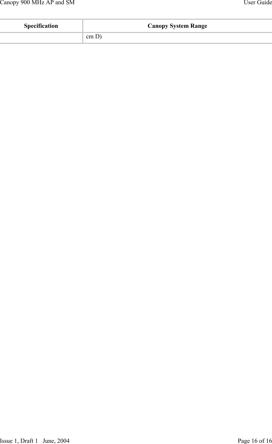 Canopy 900 MHz AP and SM User GuideIssue 1, Draft 1   June, 2004 Page 16 of 16SpecificationCanopy System Rangecm D)