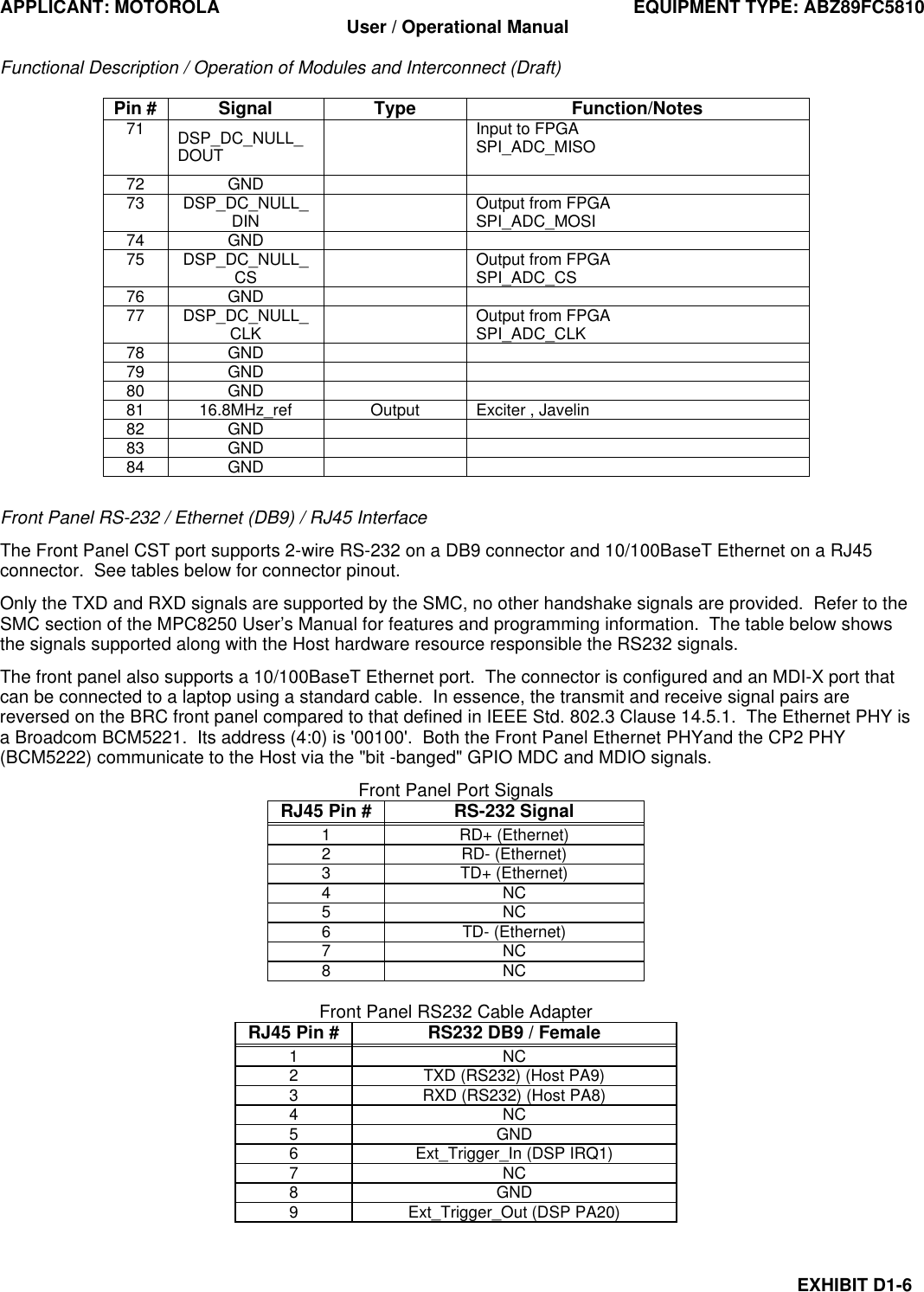 APPLICANT: MOTOROLA EQUIPMENT TYPE: ABZ89FC5810 User / Operational Manual  Functional Description / Operation of Modules and Interconnect (Draft)  EXHIBIT D1-6 Pin # Signal Type Function/Notes 71 DSP_DC_NULL_DOUT  Input to FPGA SPI_ADC_MISO 72 GND     73 DSP_DC_NULL_DIN  Output from FPGA SPI_ADC_MOSI 74 GND     75 DSP_DC_NULL_CS  Output from FPGA SPI_ADC_CS 76 GND     77 DSP_DC_NULL_CLK  Output from FPGA SPI_ADC_CLK 78 GND     79 GND     80 GND     81 16.8MHz_ref Output Exciter , Javelin 82 GND     83 GND     84 GND      Front Panel RS-232 / Ethernet (DB9) / RJ45 Interface The Front Panel CST port supports 2-wire RS-232 on a DB9 connector and 10/100BaseT Ethernet on a RJ45 connector.  See tables below for connector pinout. Only the TXD and RXD signals are supported by the SMC, no other handshake signals are provided.  Refer to the SMC section of the MPC8250 User’s Manual for features and programming information.  The table below shows the signals supported along with the Host hardware resource responsible the RS232 signals. The front panel also supports a 10/100BaseT Ethernet port.  The connector is configured and an MDI-X port that can be connected to a laptop using a standard cable.  In essence, the transmit and receive signal pairs are reversed on the BRC front panel compared to that defined in IEEE Std. 802.3 Clause 14.5.1.  The Ethernet PHY is a Broadcom BCM5221.  Its address (4:0) is &apos;00100&apos;.  Both the Front Panel Ethernet PHYand the CP2 PHY  (BCM5222) communicate to the Host via the &quot;bit -banged&quot; GPIO MDC and MDIO signals. Front Panel Port Signals RJ45 Pin # RS-232 Signal 1 RD+ (Ethernet) 2 RD- (Ethernet) 3 TD+ (Ethernet) 4 NC 5 NC 6 TD- (Ethernet) 7 NC 8 NC  Front Panel RS232 Cable Adapter RJ45 Pin # RS232 DB9 / Female 1 NC 2 TXD (RS232) (Host PA9) 3 RXD (RS232) (Host PA8) 4 NC 5 GND 6 Ext_Trigger_In (DSP IRQ1) 7 NC 8 GND 9 Ext_Trigger_Out (DSP PA20)   