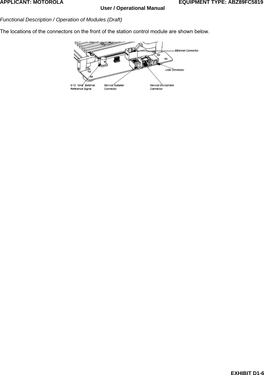APPLICANT: MOTOROLA  EQUIPMENT TYPE: ABZ89FC5819 User / Operational Manual  Functional Description / Operation of Modules (Draft)  EXHIBIT D1-6 The locations of the connectors on the front of the station control module are shown below.  