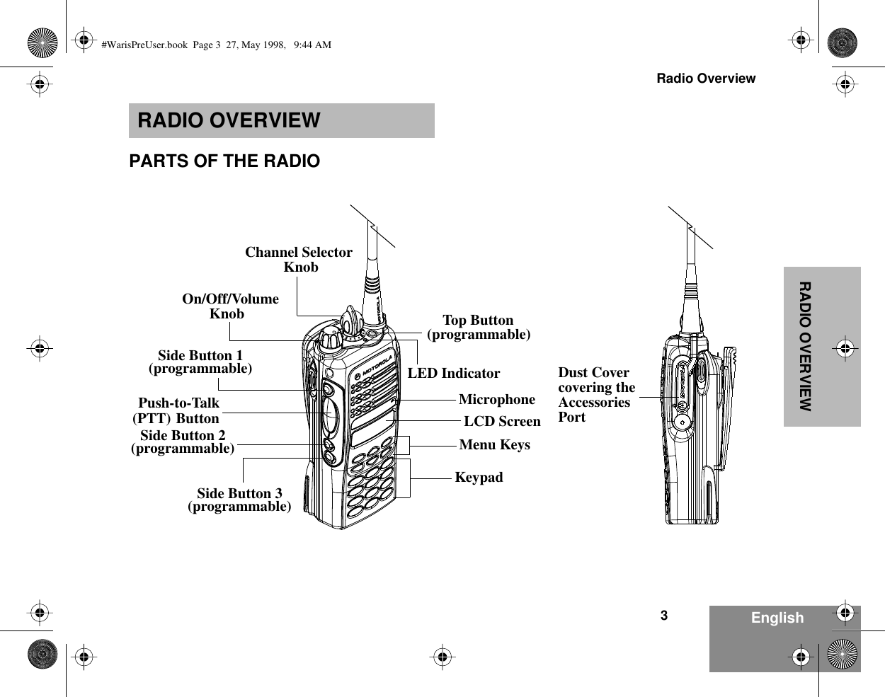  3Radio Overview EnglishRADIO OVERVIEW RADIO OVERVIEW PARTS OF THE RADIOOn/Off/VolumeKnobChannel SelectorKnobLCD ScreenMicrophoneKeypadMenu KeysTop Button(programmable)(programmable)Side Button 1Push-to-Talk(PTT) ButtonLED Indicator(programmable)Side Button 2(programmable)Side Button 3Dust Covercovering theAccessoriesPort #WarisPreUser.book  Page 3  27, May 1998,   9:44 AM
