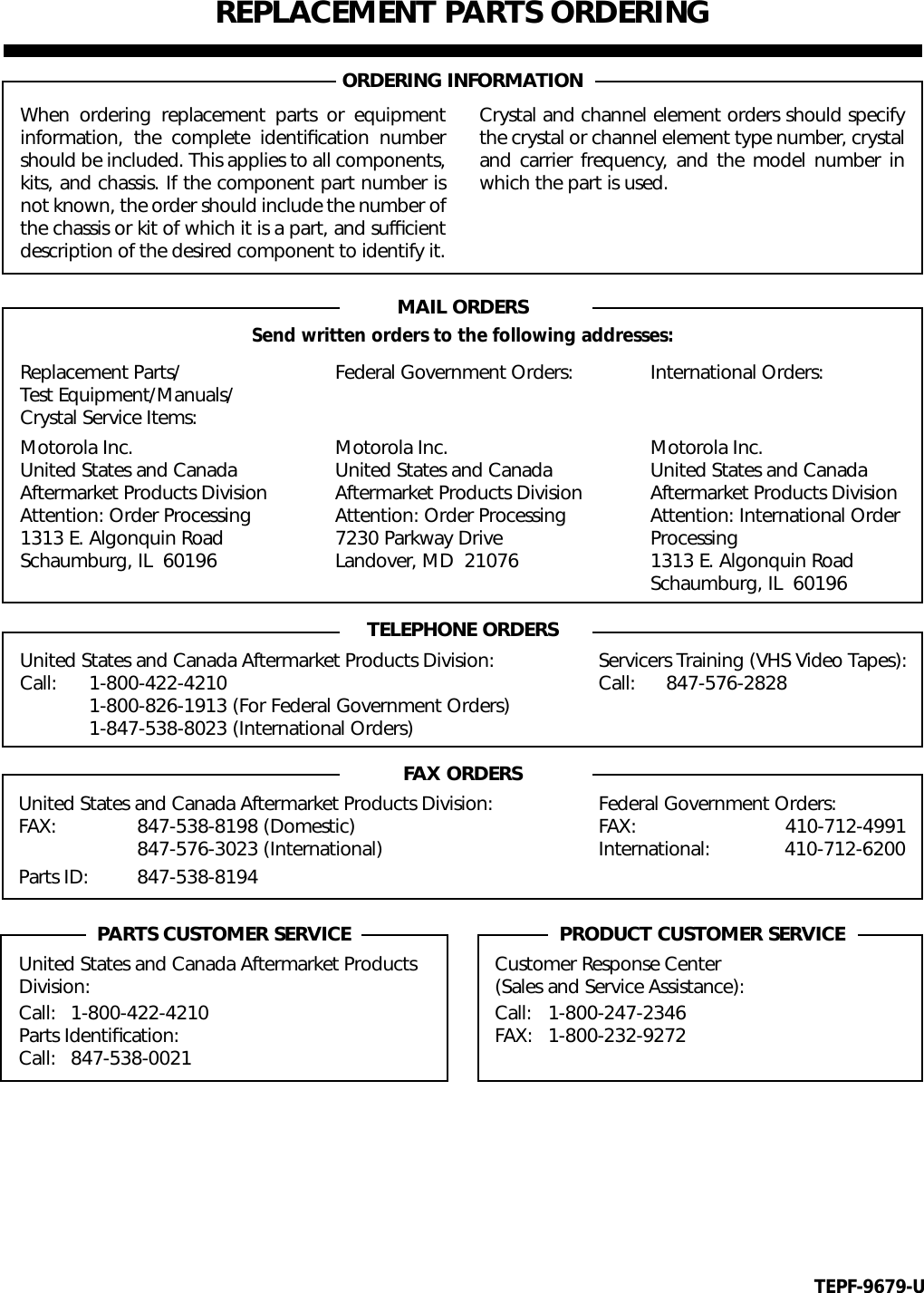  3 REPLACEMENT PARTS ORDERING ORDERING INFORMATIONMAIL ORDERS Send written orders to the following addresses: TELEPHONE ORDERS United States and Canada Aftermarket Products Division: Servicers Training (VHS Video Tapes):Call: 1-800-422-4210 Call: 847-576-28281-800-826-1913 (For Federal Government Orders)1-847-538-8023 (International Orders) FAX ORDERS United States and Canada Aftermarket Products Division: Federal Government Orders:FAX: 847-538-8198 (Domestic) FAX: 410-712-4991847-576-3023 (International) International: 410-712-6200Parts ID: 847-538-8194 PARTS CUSTOMER SERVICE PRODUCT CUSTOMER SERVICE When ordering replacement parts or equipmentinformation, the complete identiﬁcation numbershould be included. This applies to all components,kits, and chassis. If the component part number isnot known, the order should include the number ofthe chassis or kit of which it is a part, and sufﬁcientdescription of the desired component to identify it.Crystal and channel element orders should specifythe crystal or channel element type number, crystaland carrier frequency, and the model number inwhich the part is used.Replacement Parts/Test Equipment/Manuals/Crystal Service Items:Motorola Inc.United States and Canada Aftermarket Products DivisionAttention: Order Processing1313 E. Algonquin RoadSchaumburg, IL  60196Federal Government Orders:Motorola Inc.United States and Canada Aftermarket Products DivisionAttention: Order Processing7230 Parkway DriveLandover, MD  21076International Orders:Motorola Inc.United States and Canada Aftermarket Products DivisionAttention: International Order Processing1313 E. Algonquin RoadSchaumburg, IL  60196United States and Canada Aftermarket Products Division: Call: 1-800-422-4210 Parts Identiﬁcation:Call: 847-538-0021Customer Response Center(Sales and Service Assistance):Call: 1-800-247-2346FAX: 1-800-232-9272 TEPF-9679-U