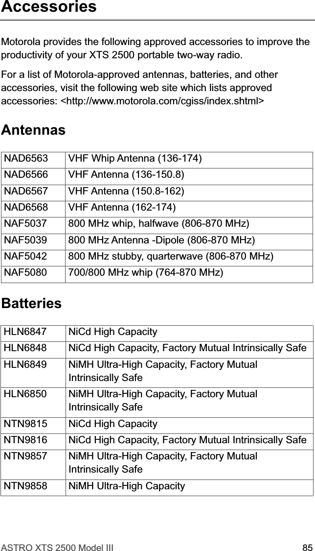 ASTRO XTS 2500 Model III 85AccessoriesMotorola provides the following approved accessories to improve the productivity of your XTS 2500 portable two-way radio.For a list of Motorola-approved antennas, batteries, and other accessories, visit the following web site which lists approved accessories: &lt;http://www.motorola.com/cgiss/index.shtml&gt; AntennasBatteriesNAD6563 VHF Whip Antenna (136-174)NAD6566 VHF Antenna (136-150.8)NAD6567 VHF Antenna (150.8-162)NAD6568 VHF Antenna (162-174)NAF5037 800 MHz whip, halfwave (806-870 MHz)NAF5039 800 MHz Antenna -Dipole (806-870 MHz)NAF5042 800 MHz stubby, quarterwave (806-870 MHz)NAF5080 700/800 MHz whip (764-870 MHz)HLN6847 NiCd High CapacityHLN6848 NiCd High Capacity, Factory Mutual Intrinsically SafeHLN6849 NiMH Ultra-High Capacity, Factory Mutual Intrinsically SafeHLN6850 NiMH Ultra-High Capacity, Factory Mutual Intrinsically SafeNTN9815 NiCd High CapacityNTN9816 NiCd High Capacity, Factory Mutual Intrinsically Safe NTN9857 NiMH Ultra-High Capacity, Factory Mutual Intrinsically SafeNTN9858 NiMH Ultra-High Capacity