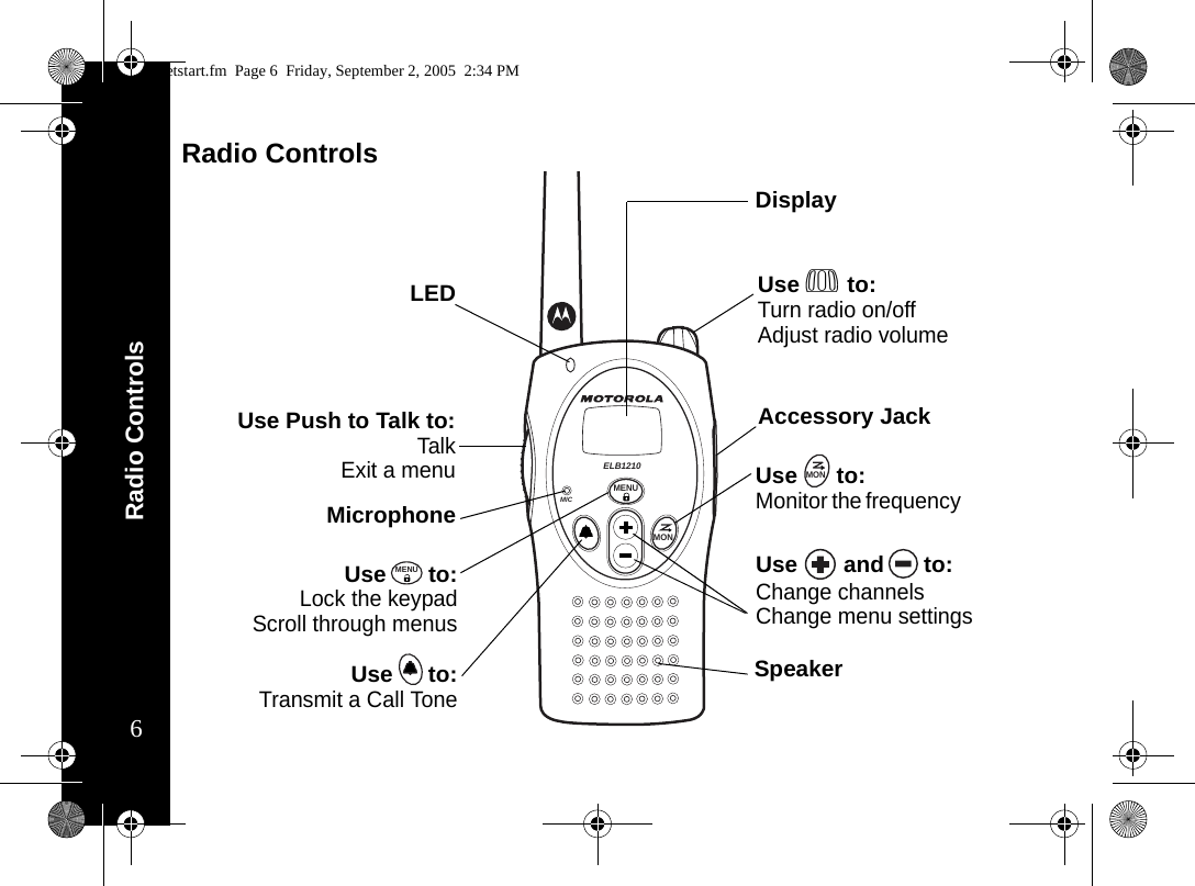 Radio Controls6Radio ControlsMENUMONELB1210MICUse P to:Turn radio on/offAdjust radio volumeUse Push to Talk to:TalkExit a menuUse to:Lock the keypadScroll through menusMENUUse to:Monitor the frequency MONMicrophoneAccessory JackSpeakerUse and to:Change channelsChange menu settingsLEDDisplayUse to:Transmit a Call Tonegetstart.fm  Page 6  Friday, September 2, 2005  2:34 PM