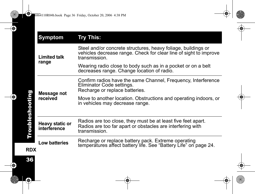 Troubleshooting36RDXLimited talk rangeSteel and/or concrete structures, heavy foliage, buildings or vehicles decrease range. Check for clear line of sight to improve transmission. Wearing radio close to body such as in a pocket or on a belt decreases range. Change location of radio. Message not receivedConfirm radios have the same Channel, Frequency, Interference Eliminator Code settings.  Recharge or replace batteries. Move to another location. Obstructions and operating indoors, or in vehicles may decrease range. Heavy static or interferenceRadios are too close, they must be at least five feet apart.Radios are too far apart or obstacles are interfering with transmission. Low batteries Recharge or replace battery pack. Extreme operating temperatures affect battery life. See “Battery Life” on page 24. Symptom Try This:6864110R04b.book  Page 36  Friday, October 20, 2006  4:38 PM