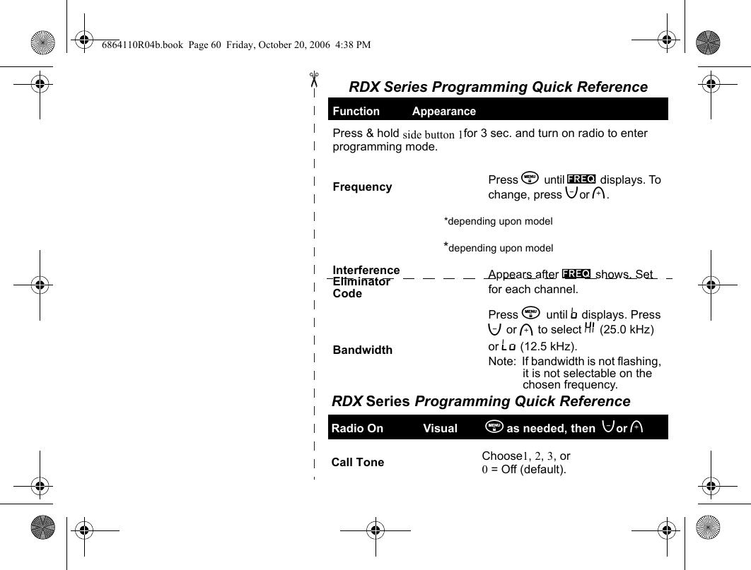 RDX Series Programming Quick Reference Function AppearancePress &amp; hold side button 1for 3 sec. and turn on radio to enter programming mode.Frequency Press \ until l displays. To change, press [or ].*depending upon model*depending upon modelInterference Eliminator CodeAppears after l shows. Set for each channel.BandwidthPress \ until K displays. Press [ or ] to select D (25.0 kHz) or C (12.5 kHz).Note:  If bandwidth is not flashing, it is not selectable on the chosen frequency.RDX Series Programming Quick ReferenceRadio On Visual  \as needed, then  [or ]Call Tone Choose1, 2, 3, or 0 = Off (default).6864110R04b.book  Page 60  Friday, October 20, 2006  4:38 PM