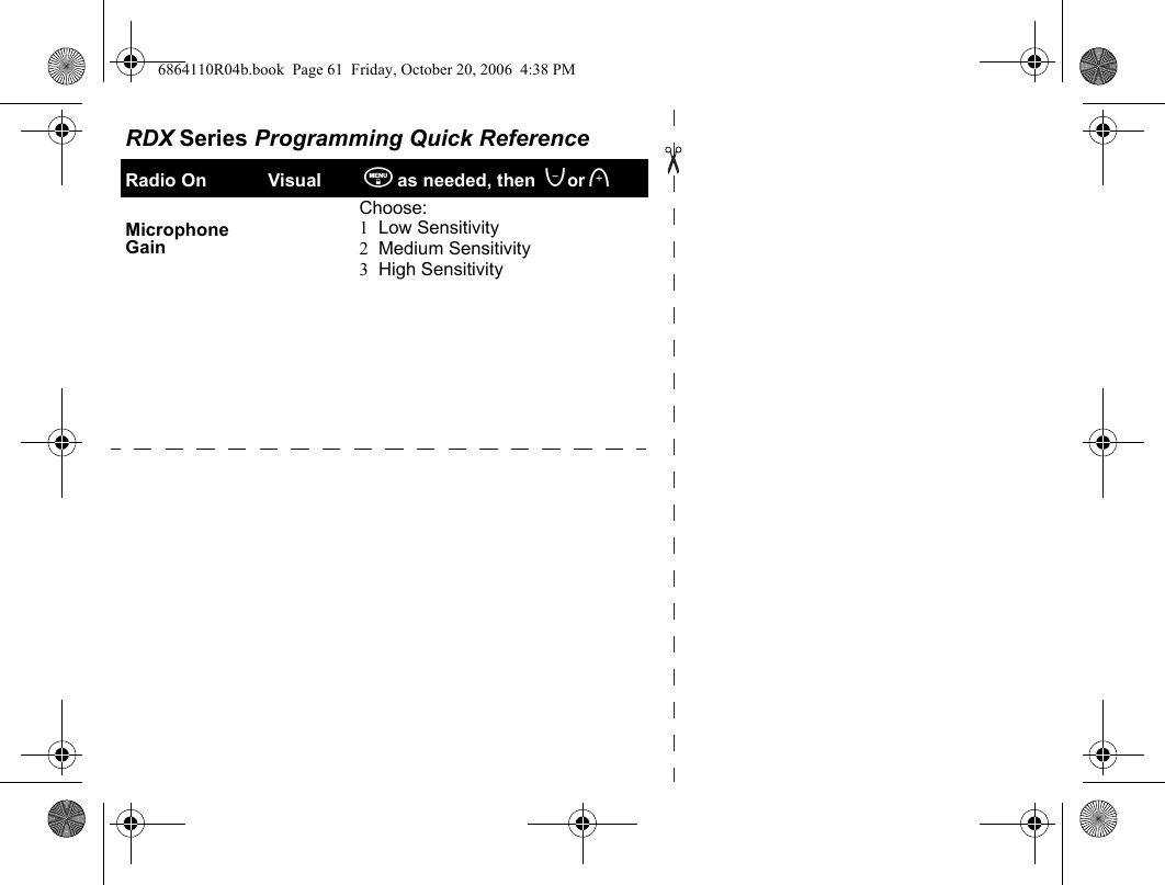 Microphone GainChoose:1  Low Sensitivity2  Medium Sensitivity3  High SensitivityRDX Series Programming Quick ReferenceRadio On Visual  \as needed, then  [or ]6864110R04b.book  Page 61  Friday, October 20, 2006  4:38 PM