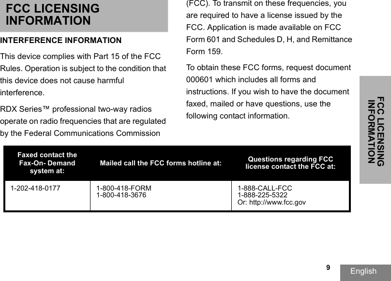 FCC LICENSING INFORMATIONEnglish                                                                                                                                                           9FCC LICENSING INFORMATIONINTERFERENCE INFORMATIONThis device complies with Part 15 of the FCC Rules. Operation is subject to the condition that this device does not cause harmful interference.RDX Series™ professional two-way radios operate on radio frequencies that are regulated by the Federal Communications Commission (FCC). To transmit on these frequencies, you are required to have a license issued by the FCC. Application is made available on FCC Form 601 and Schedules D, H, and Remittance Form 159.To obtain these FCC forms, request document 000601 which includes all forms and instructions. If you wish to have the document faxed, mailed or have questions, use the following contact information.Faxed contact the Fax-On- Demand system at:Mailed call the FCC forms hotline at: Questions regarding FCC license contact the FCC at:1-202-418-0177 1-800-418-FORM1-800-418-3676 1-888-CALL-FCC1-888-225-5322Or: http://www.fcc.gov