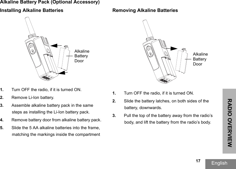 RADIO OVERVIEWEnglish                                                                                                                                                           17Alkaline Battery Pack (Optional Accessory)Installing Alkaline Batteries1. Turn OFF the radio, if it is turned ON.2. Remove Li-Ion battery.3. Assemble alkaline battery pack in the same steps as installing the Li-Ion battery pack.4. Remove battery door from alkaline battery pack.5. Slide the 5 AA alkaline batteries into the frame, matching the markings inside the compartment Removing Alkaline Batteries1. Turn OFF the radio, if it is turned ON.2. Slide the battery latches, on both sides of the battery, downwards.3. Pull the top of the battery away from the radio’s body, and lift the battery from the radio’s body.Alkaline Battery DoorAlkaline Battery Door