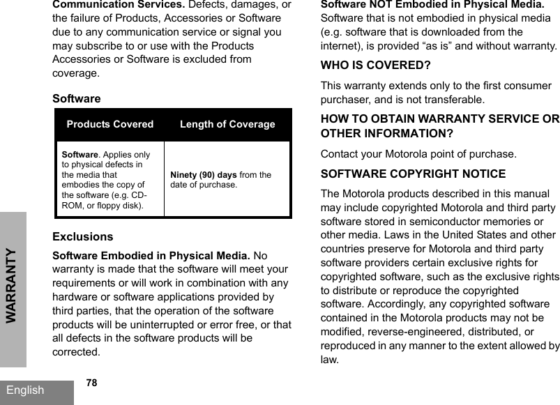 WARRANTYEnglish             78Communication Services. Defects, damages, or the failure of Products, Accessories or Software due to any communication service or signal you may subscribe to or use with the Products Accessories or Software is excluded from coverage.Software ExclusionsSoftware Embodied in Physical Media. No warranty is made that the software will meet your requirements or will work in combination with any hardware or software applications provided by third parties, that the operation of the software products will be uninterrupted or error free, or that all defects in the software products will be corrected.Software NOT Embodied in Physical Media. Software that is not embodied in physical media (e.g. software that is downloaded from the internet), is provided “as is” and without warranty.WHO IS COVERED?This warranty extends only to the first consumer purchaser, and is not transferable.HOW TO OBTAIN WARRANTY SERVICE OR OTHER INFORMATION?Contact your Motorola point of purchase.SOFTWARE COPYRIGHT NOTICEThe Motorola products described in this manual may include copyrighted Motorola and third party software stored in semiconductor memories or other media. Laws in the United States and other countries preserve for Motorola and third party software providers certain exclusive rights for copyrighted software, such as the exclusive rights to distribute or reproduce the copyrighted software. Accordingly, any copyrighted software contained in the Motorola products may not be modified, reverse-engineered, distributed, or reproduced in any manner to the extent allowed by law.Products Covered Length of CoverageSoftware. Applies only to physical defects in the media that embodies the copy of the software (e.g. CD-ROM, or floppy disk).Ninety (90) days from the date of purchase.