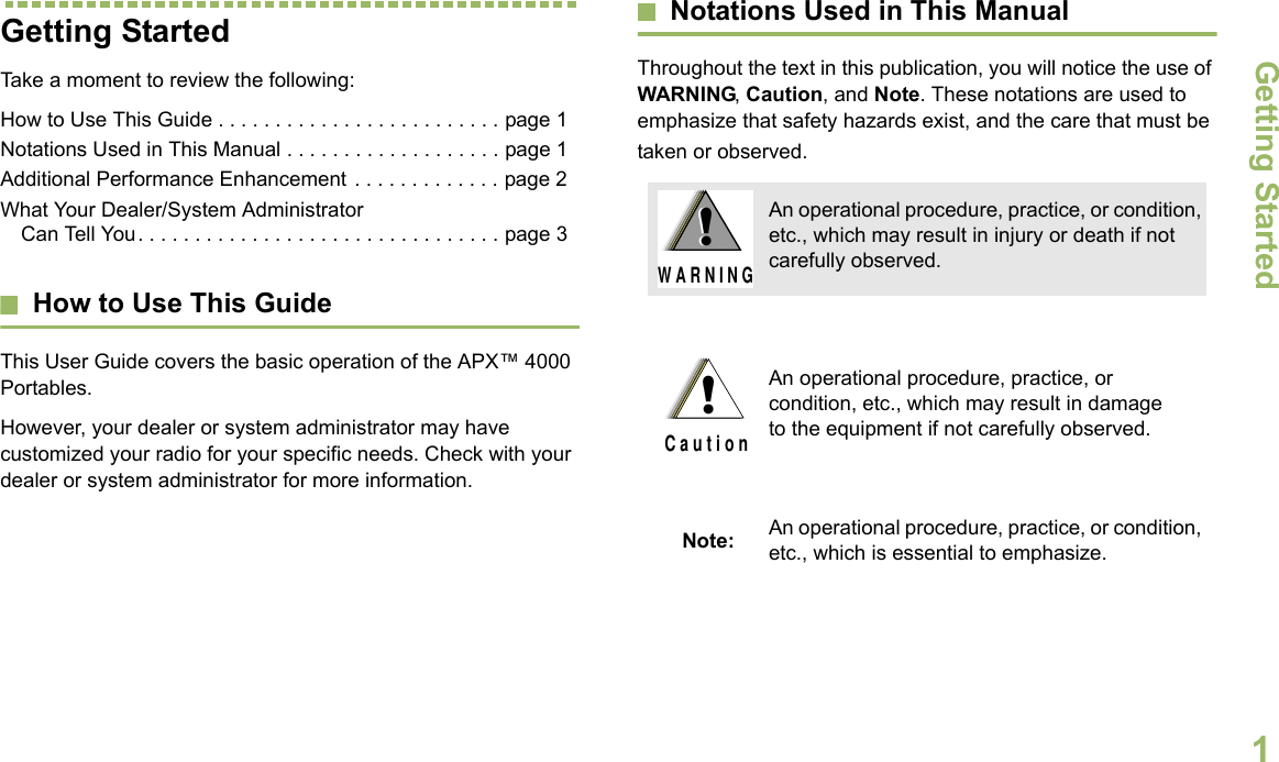 Getting StartedEnglish1Getting StartedTake a moment to review the following:How to Use This Guide . . . . . . . . . . . . . . . . . . . . . . . . . page 1Notations Used in This Manual . . . . . . . . . . . . . . . . . . . page 1Additional Performance Enhancement . . . . . . . . . . . . . page 2What Your Dealer/System Administrator Can Tell You. . . . . . . . . . . . . . . . . . . . . . . . . . . . . . . . page 3How to Use This GuideThis User Guide covers the basic operation of the APX™ 4000 Portables.However, your dealer or system administrator may have customized your radio for your specific needs. Check with your dealer or system administrator for more information.Notations Used in This ManualThroughout the text in this publication, you will notice the use of WARNING, Caution, and Note. These notations are used to emphasize that safety hazards exist, and the care that must be taken or observed.An operational procedure, practice, or condition, etc., which may result in injury or death if not carefully observed.An operational procedure, practice, or condition, etc., which may result in damage to the equipment if not carefully observed.Note: An operational procedure, practice, or condition, etc., which is essential to emphasize.!W A R N I N G!!C a u t i o n