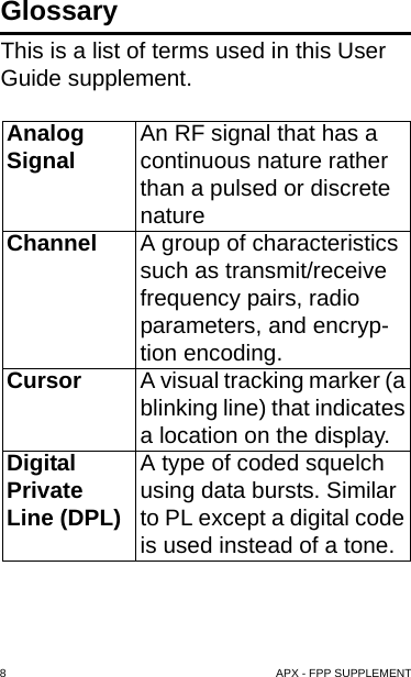 8   APX - FPP SUPPLEMENTGlossaryThis is a list of terms used in this User Guide supplement.     AnalogSignal An RF signal that has a continuous nature rather than a pulsed or discrete natureChannel A group of characteristics such as transmit/receive frequency pairs, radio parameters, and encryp-tion encoding.Cursor A visual tracking marker (a blinking line) that indicates a location on the display.Digital Private Line (DPL)A type of coded squelch using data bursts. Similar to PL except a digital code is used instead of a tone.