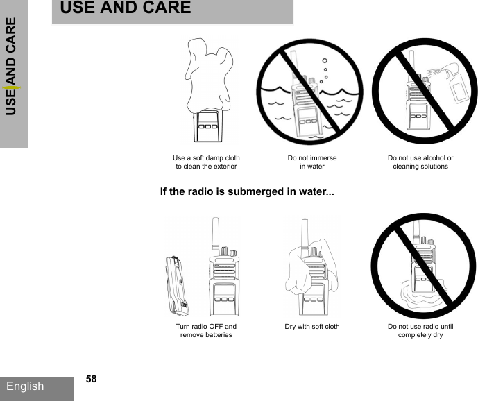 USE AND CAREEnglish   58Use a soft damp clothto clean the exteriorDo not immersein waterDo not use alcohol orcleaning solutionsTurn radio OFF andremove batteriesDry with soft cloth Do not use radio untilcompletely dryIf the radio is submerged in water...USE AND CARE